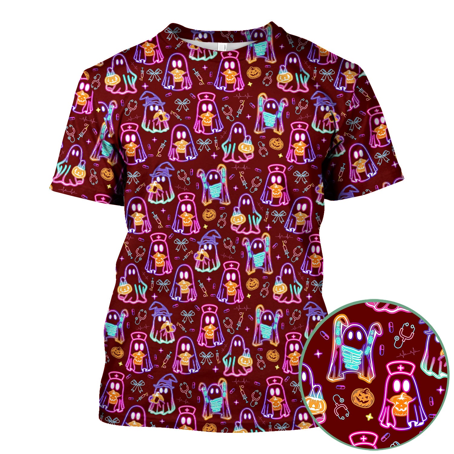 Spooky Neon Ghost Nurse Scrub Top - Halloween Pumpkin Nursing Shirt for Women - Cute Medical Uniform RN CNA LPN Gift