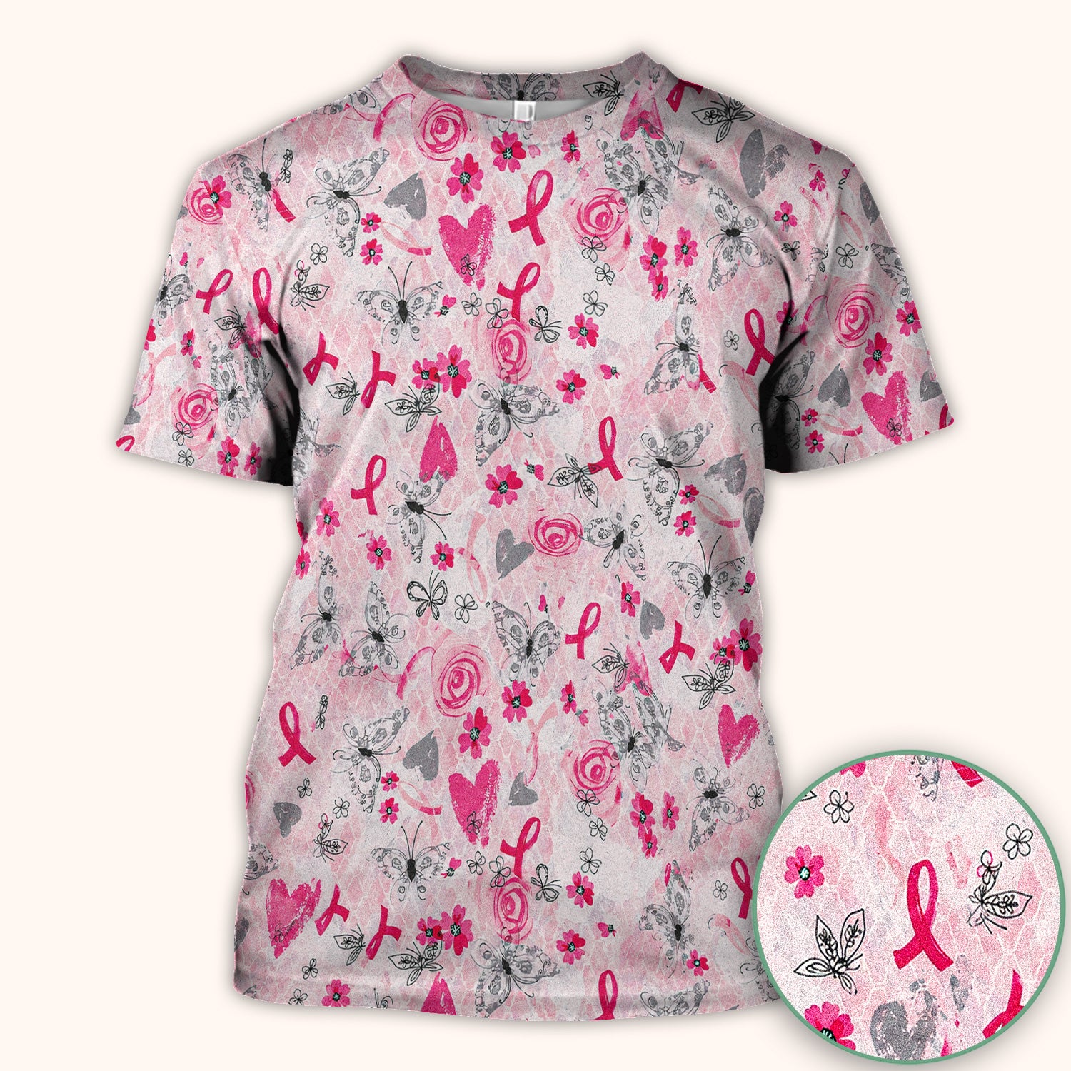 Breast Cancer Awareness Butterfly Floral Scrub Top, Comfortable Scrubs for Nurses