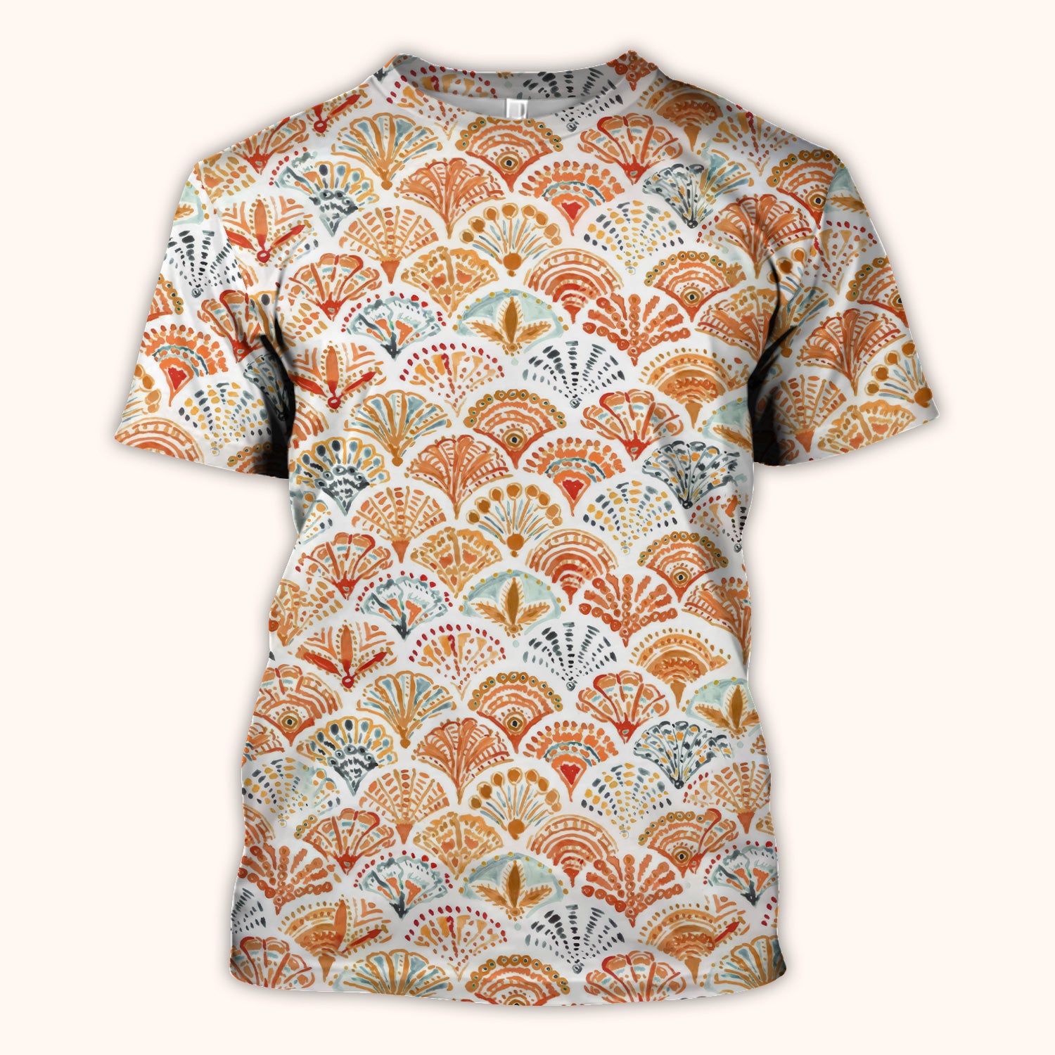 Cute Boho Fan Pattern Scrub Top, Breathable Fabrics Nursing Uniform