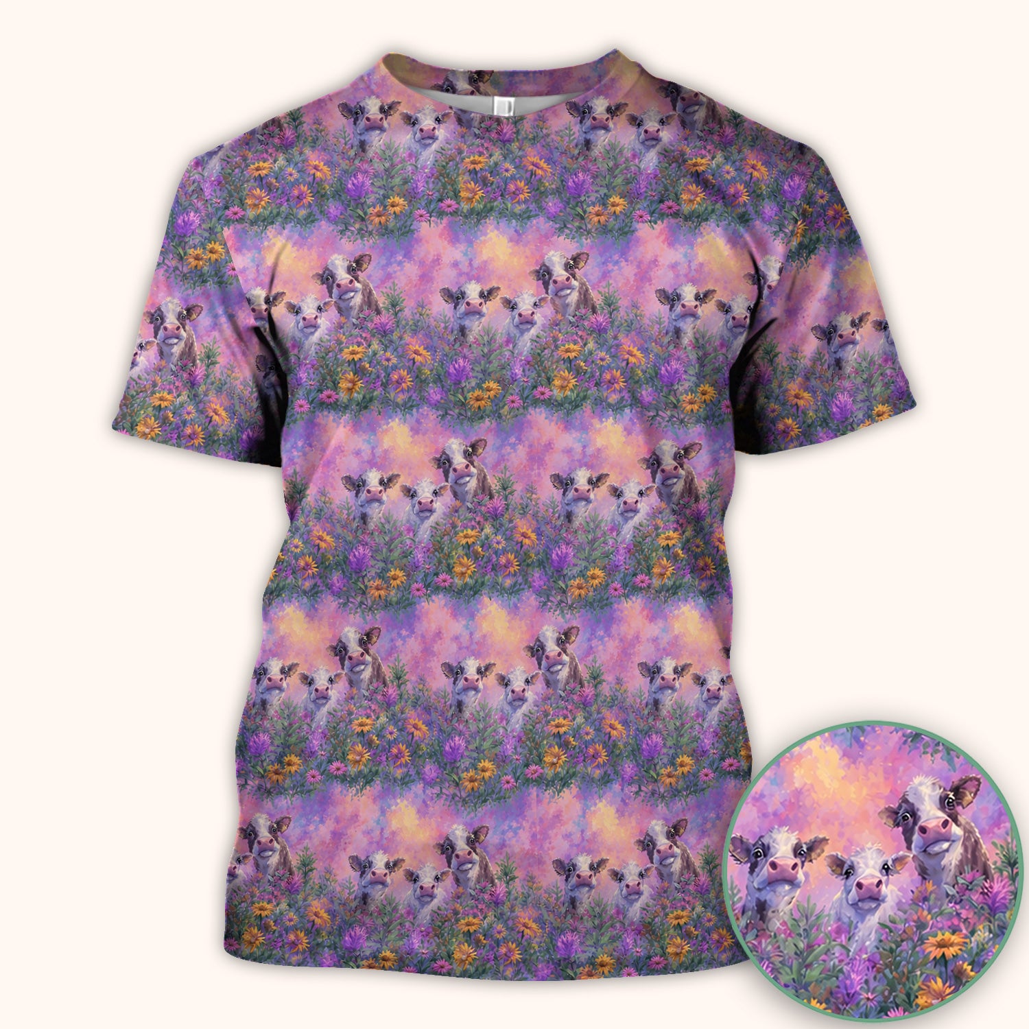 Pastel Cow Meadow Flower Pattern Scrub Top, Comfortable Scrubs for Nurses