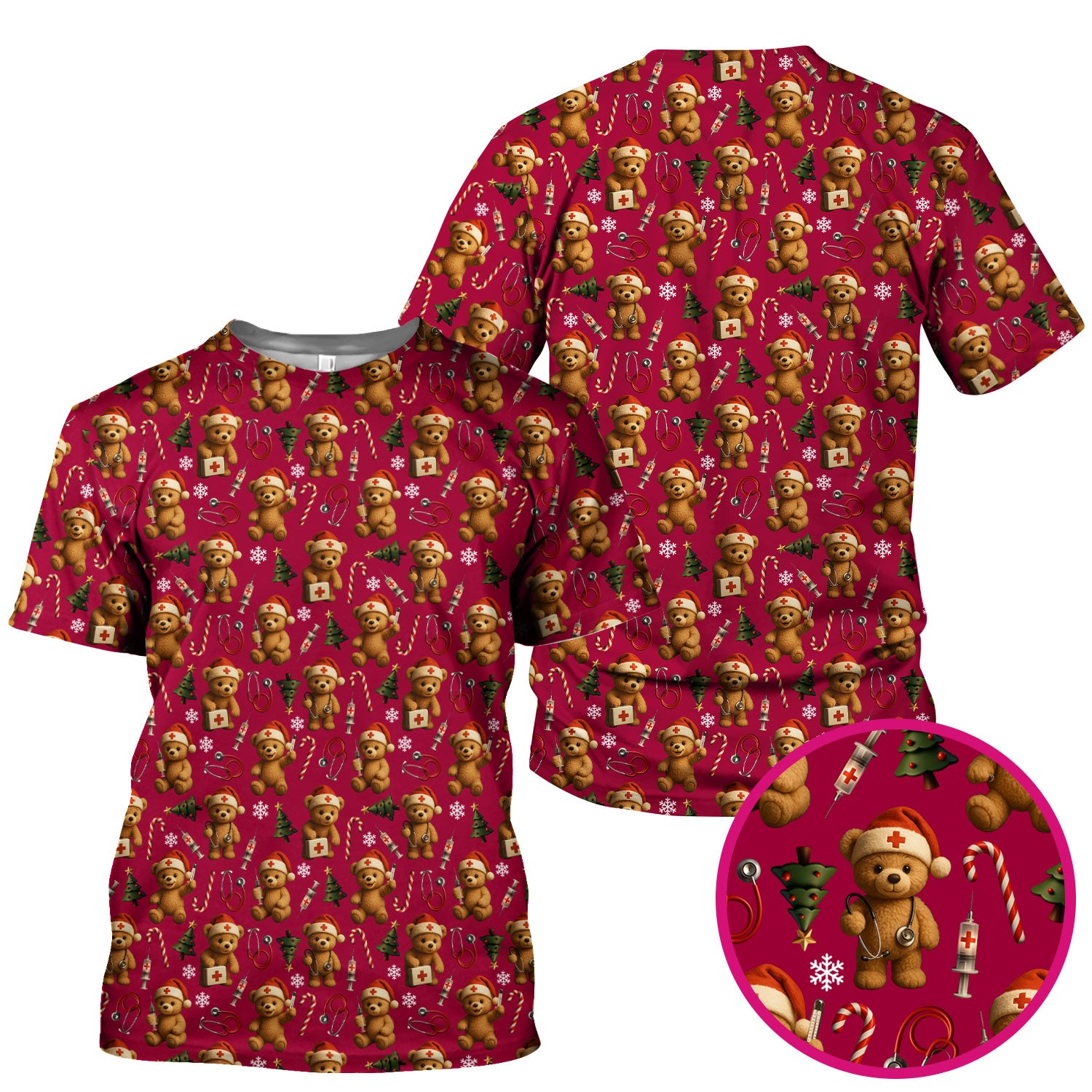 Teddy Bear Christmas Scrubs for Women - Cute Nurse Bear Pattern Medical Scrub Top - Holiday Christmas Scrubs with Fun Festive Design