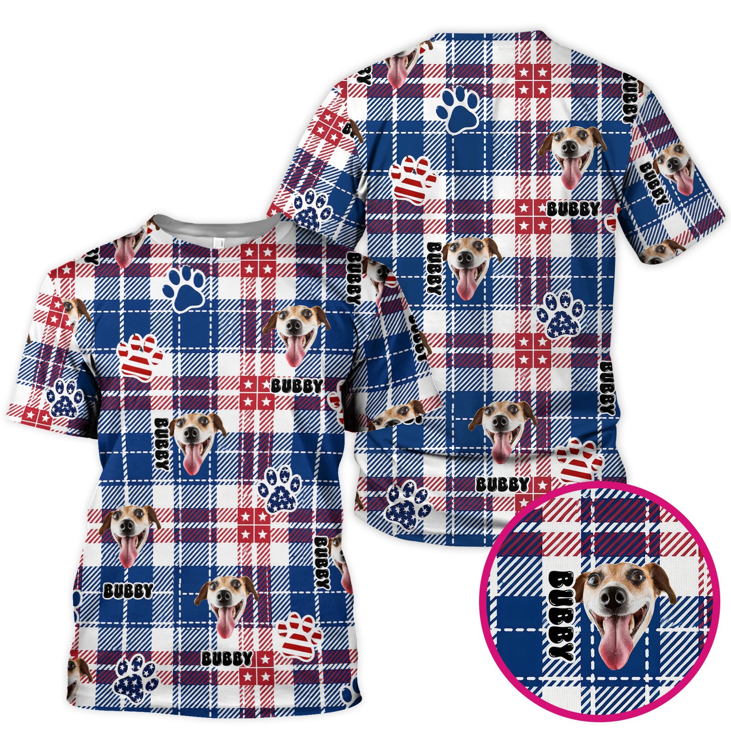 Custom Dog Face Scrub Top, Personalized Patriotic Dog Plaid Pattern Shirt, Custom Name Vet Tech Gift For Nursing