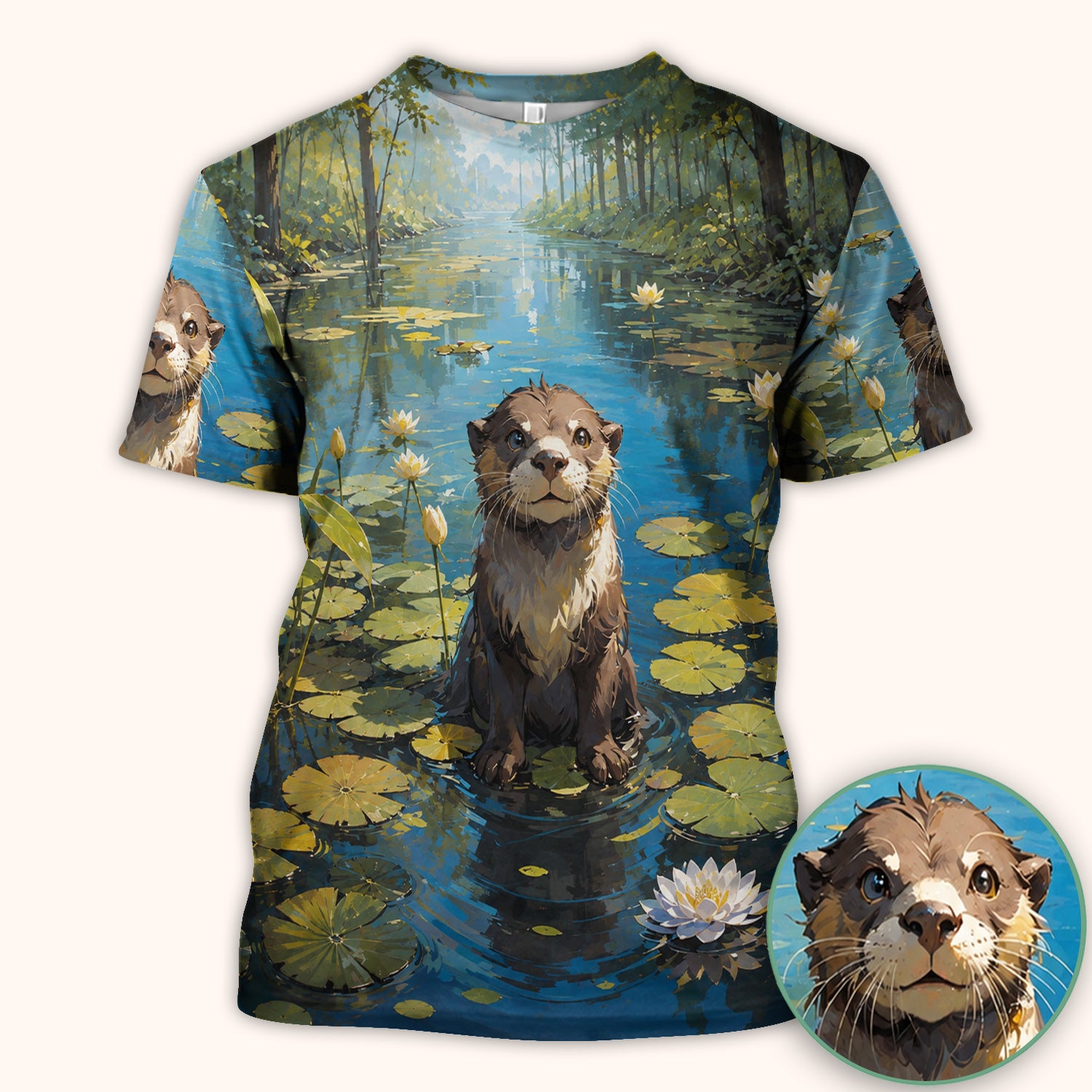 Cute Otter Pond Pattern Scrub Top, Comfortable Scrubs for Nurses