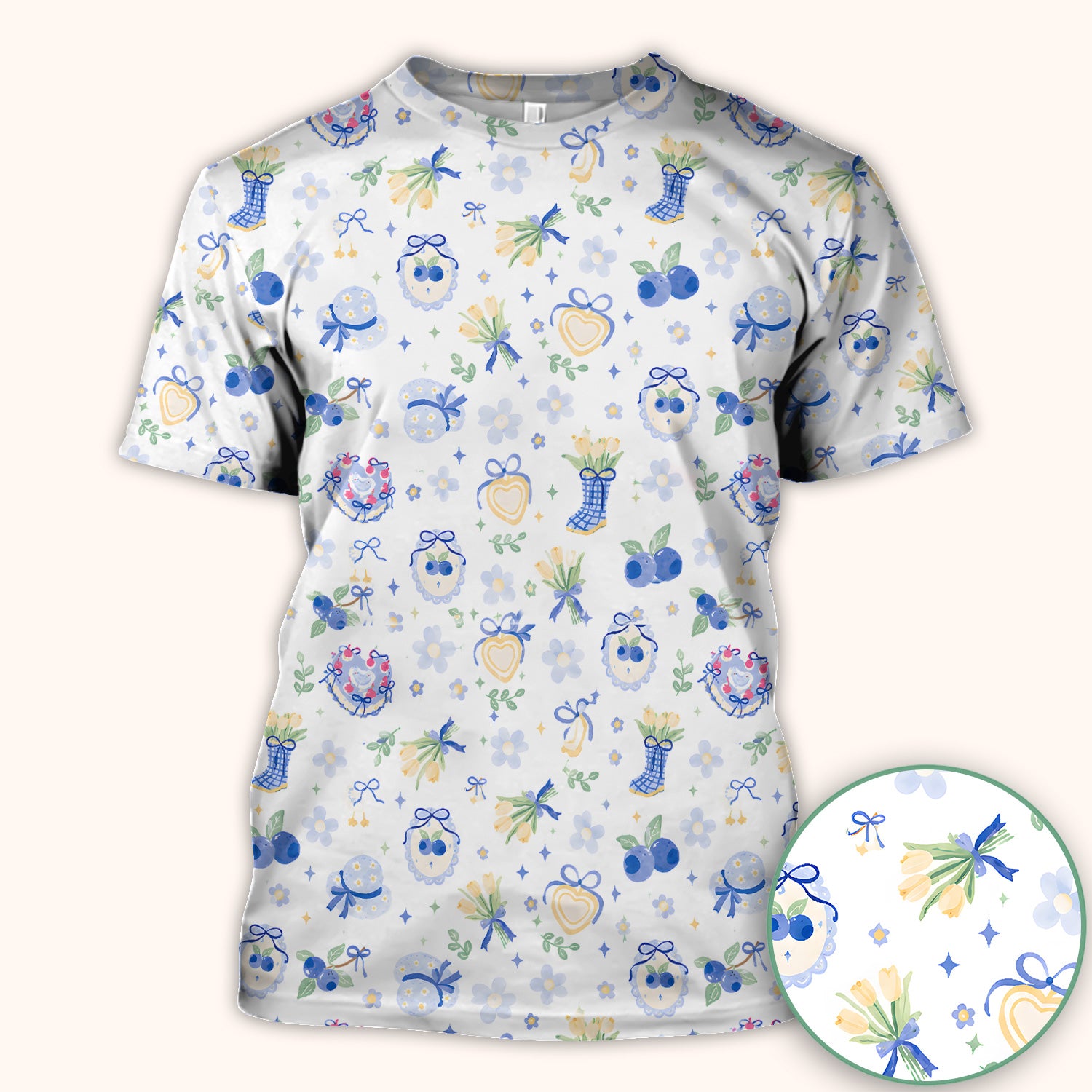 Cute Blueberry Bow Print Scrub Top, Comfortable Scrubs for Nurses