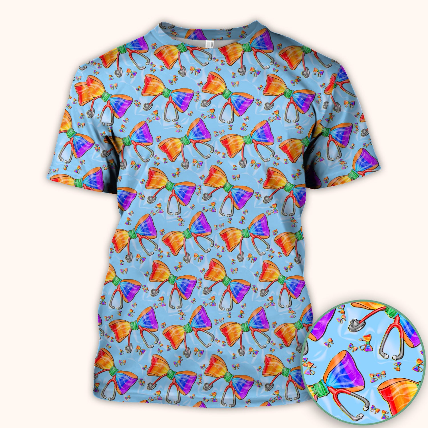 Colorful Rainbow Bow Stethoscope Pattern Scrub Top, Breathable Fabrics Nursing Uniform