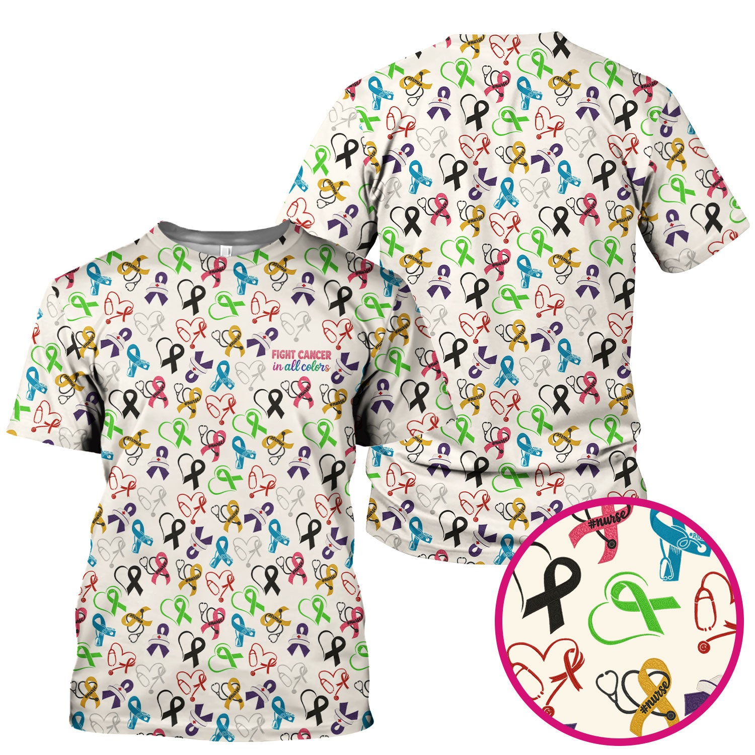Fight Cancer Scrub Top - Colorful Awareness Ribbon Nurse Shirt - Support Cancer Awareness Medical Scrubs with Pockets for Women CNA RN Doctor