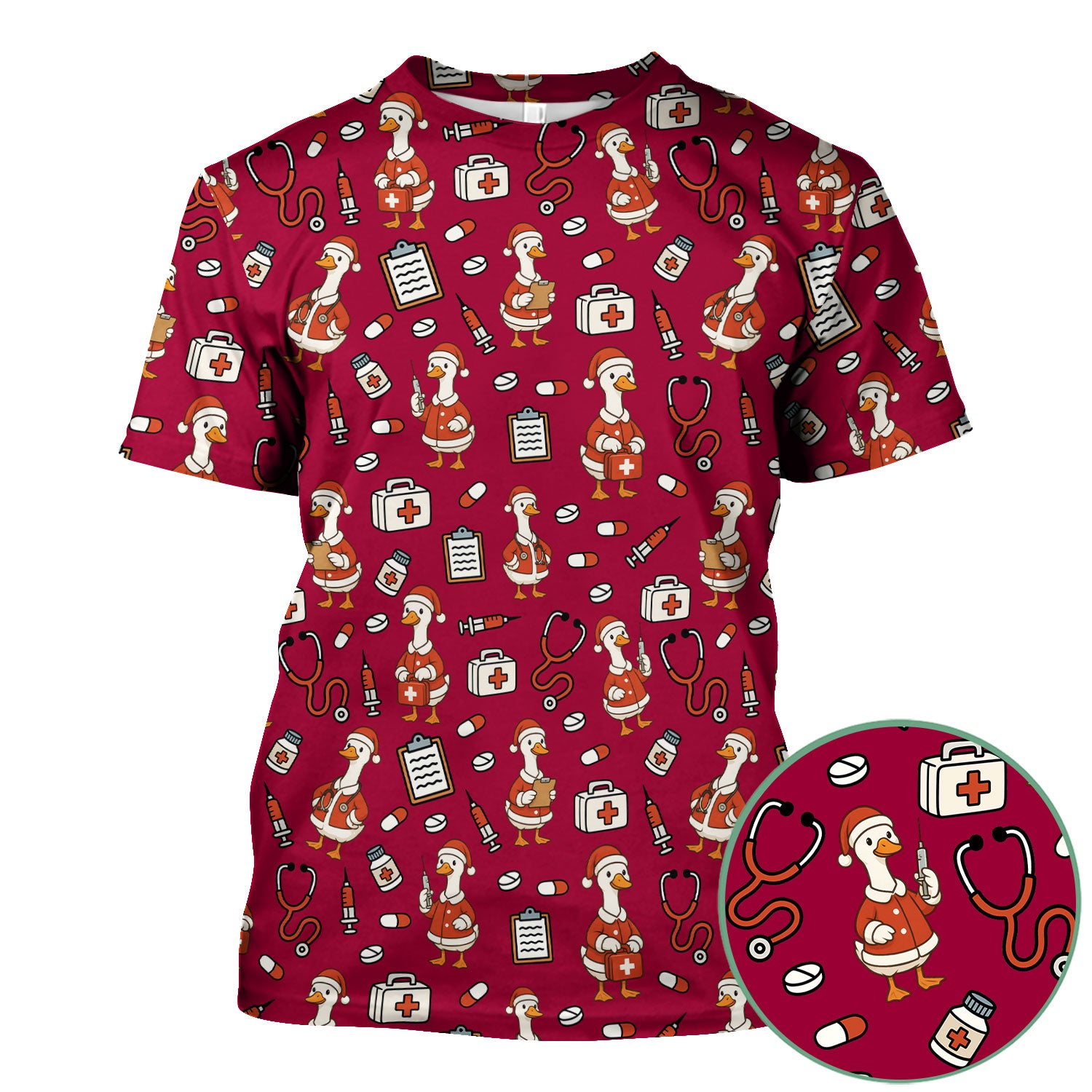Santa Duck Nurse Scrubs - Christmas Print Medical Shirt for Women Men - Funny Holiday Scrub Top for RN CNA Doctor, Cute Xmas Gift