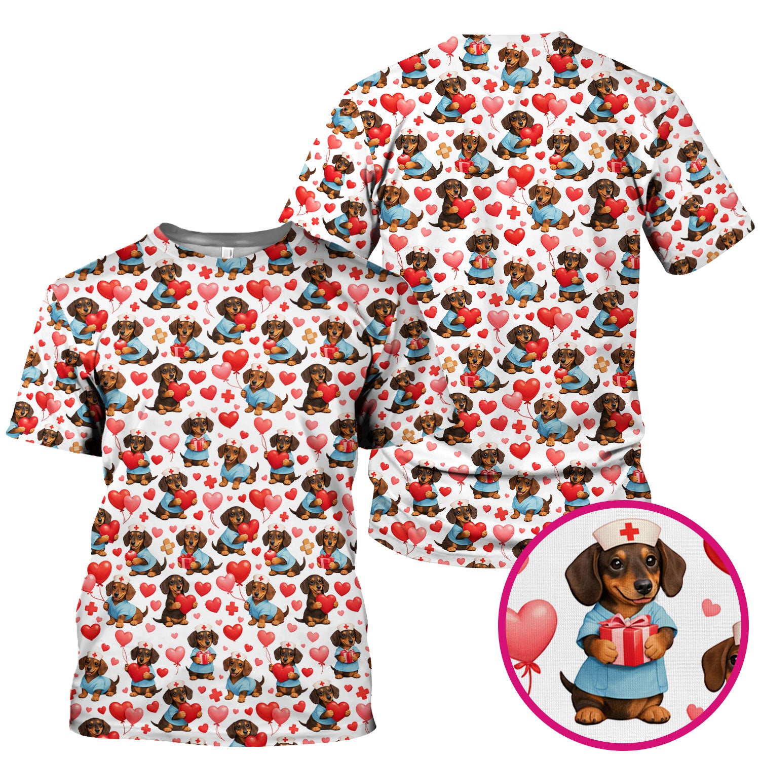 Dachshund Valentine Nurse Scrub Top, Cute  Wiener Dog Medical Pattern Shirt, Breathable Fabrics Nursing Uniform