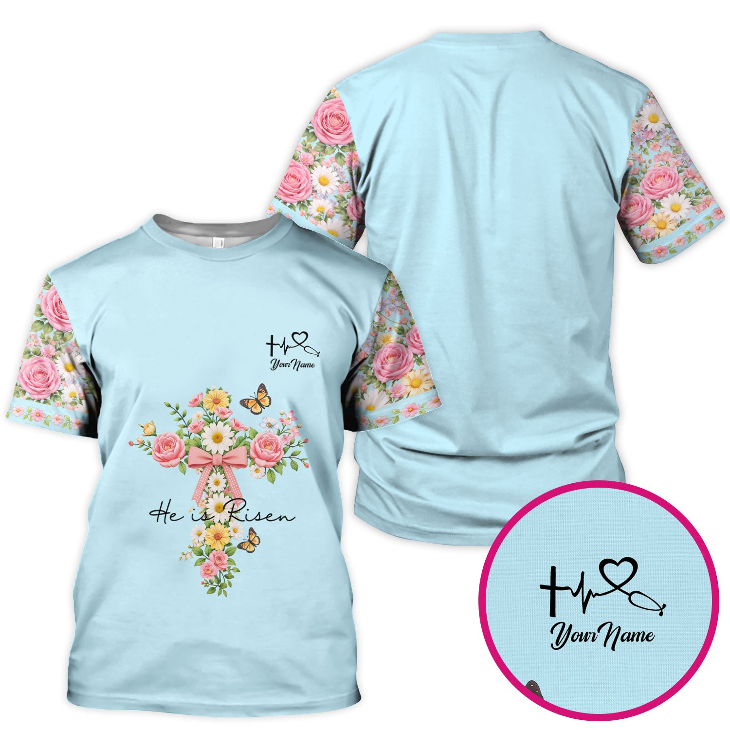 Personalized Meaningful Easter Nurse He Is Risen Floral Cross Bow Pattern Scrub Top, Comfortable Scrubs for Nurses