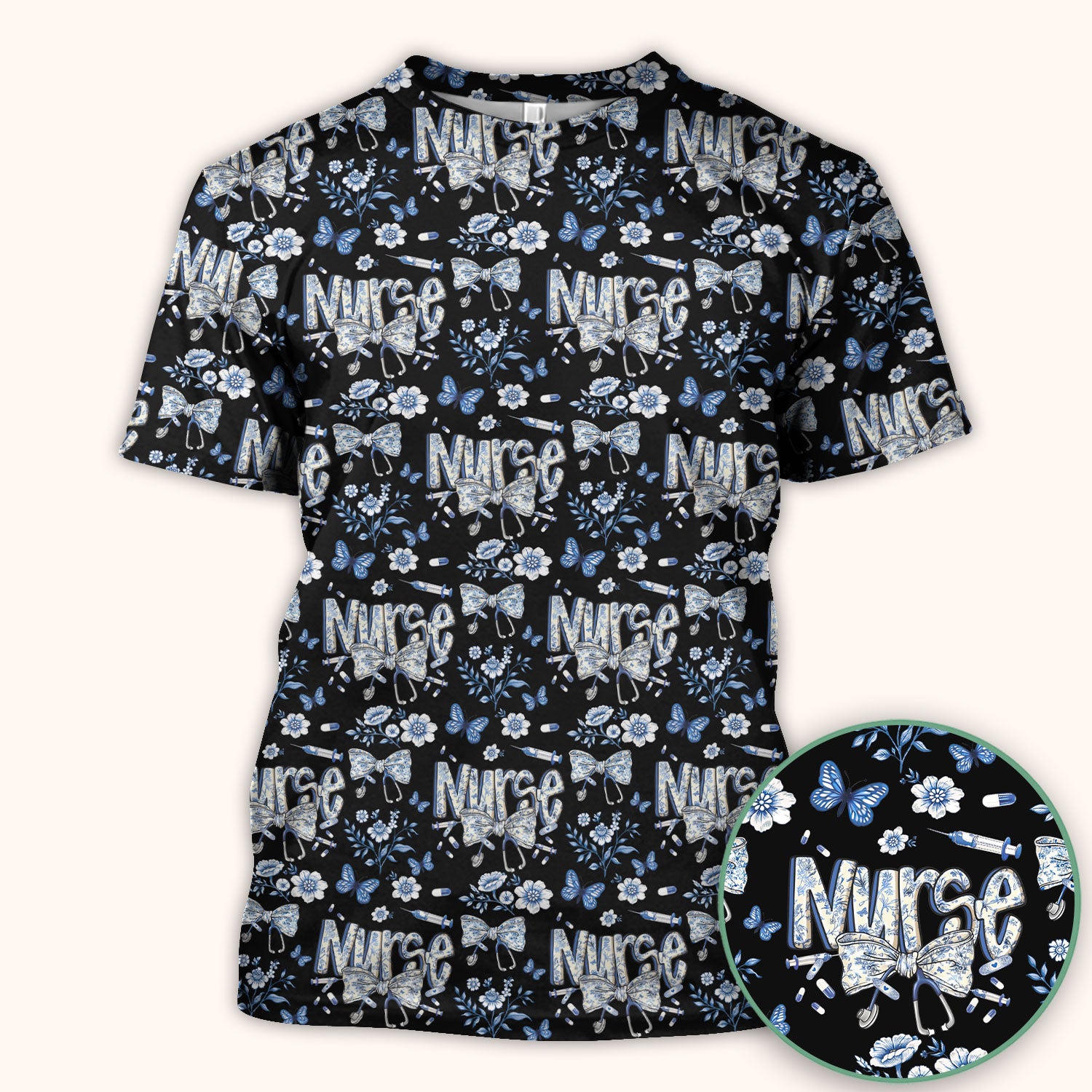 Blue Nurse Letter Bow Butterfly Floral Print Scrub Top, Comfortable Scrubs for Nurses
