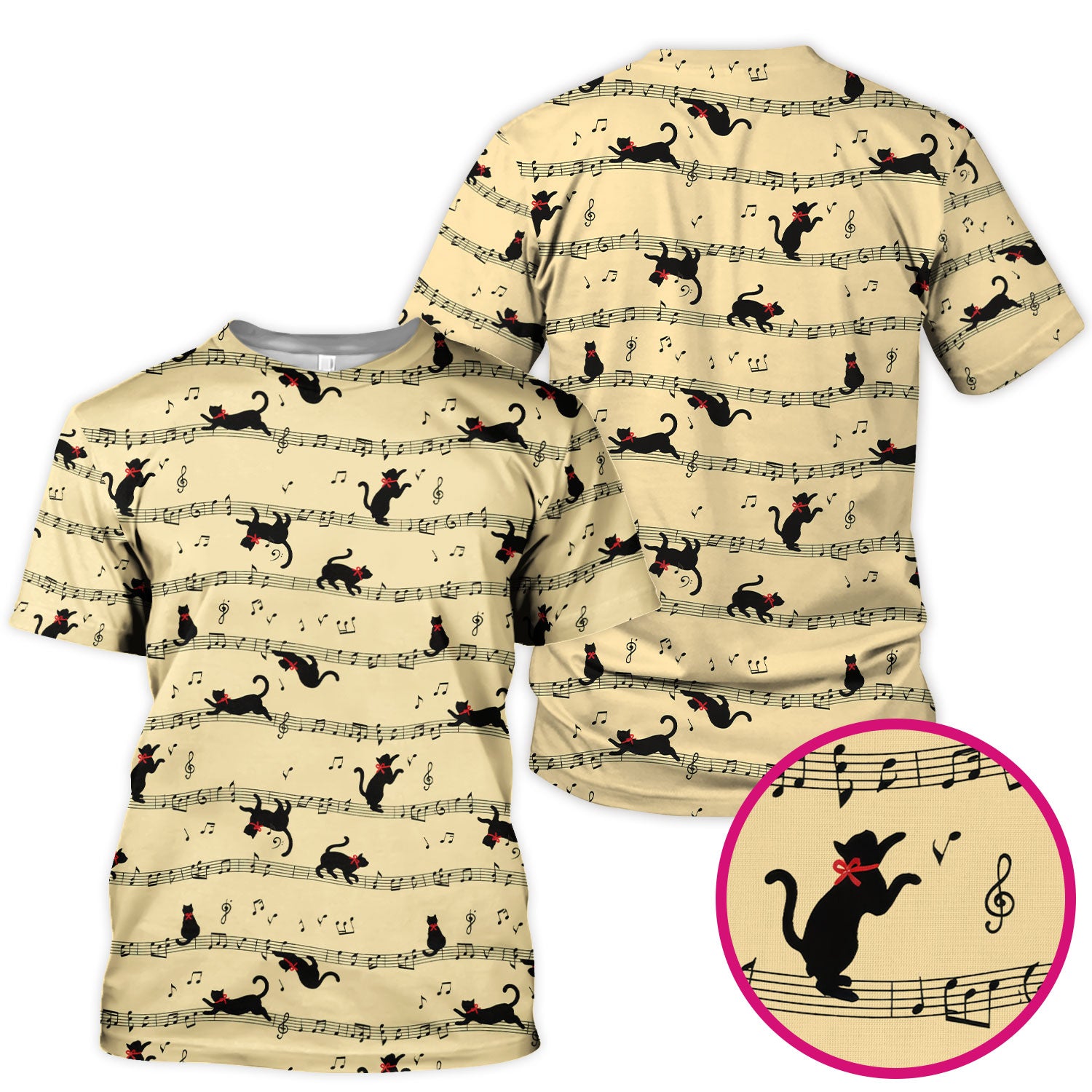 Cute Dancing Black Cat Music Staff Pattern Scrub Top, Comfortable Scrubs for Nurses