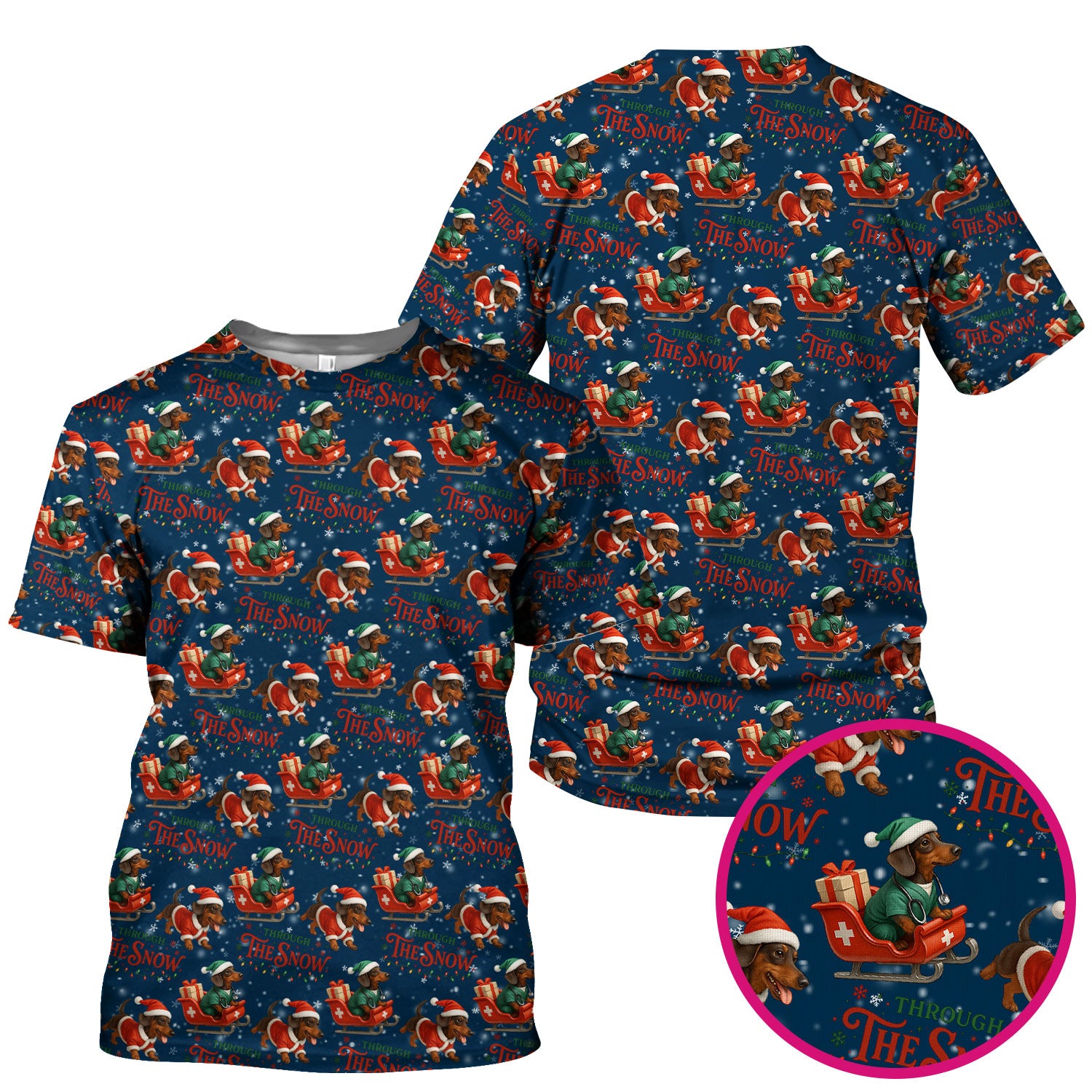 Dachshund Christmas Scrub Top, Cute Dog Nurse Scrub Shirt, Through The Snow Pattern Nursing Uniform