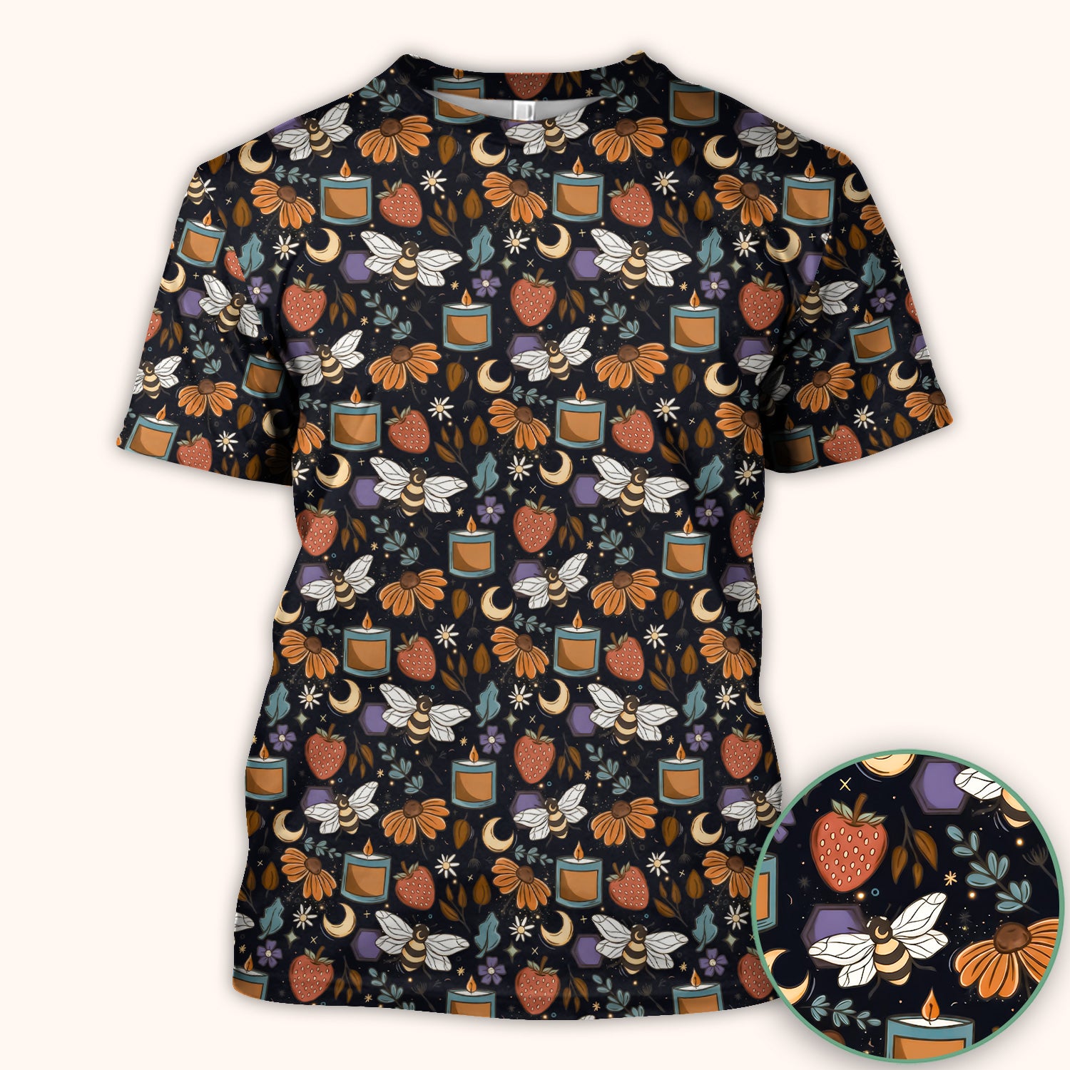 Bee Strawberry Floral Candle Pattern Scrub Top, Breathable Fabrics Nursing Uniform