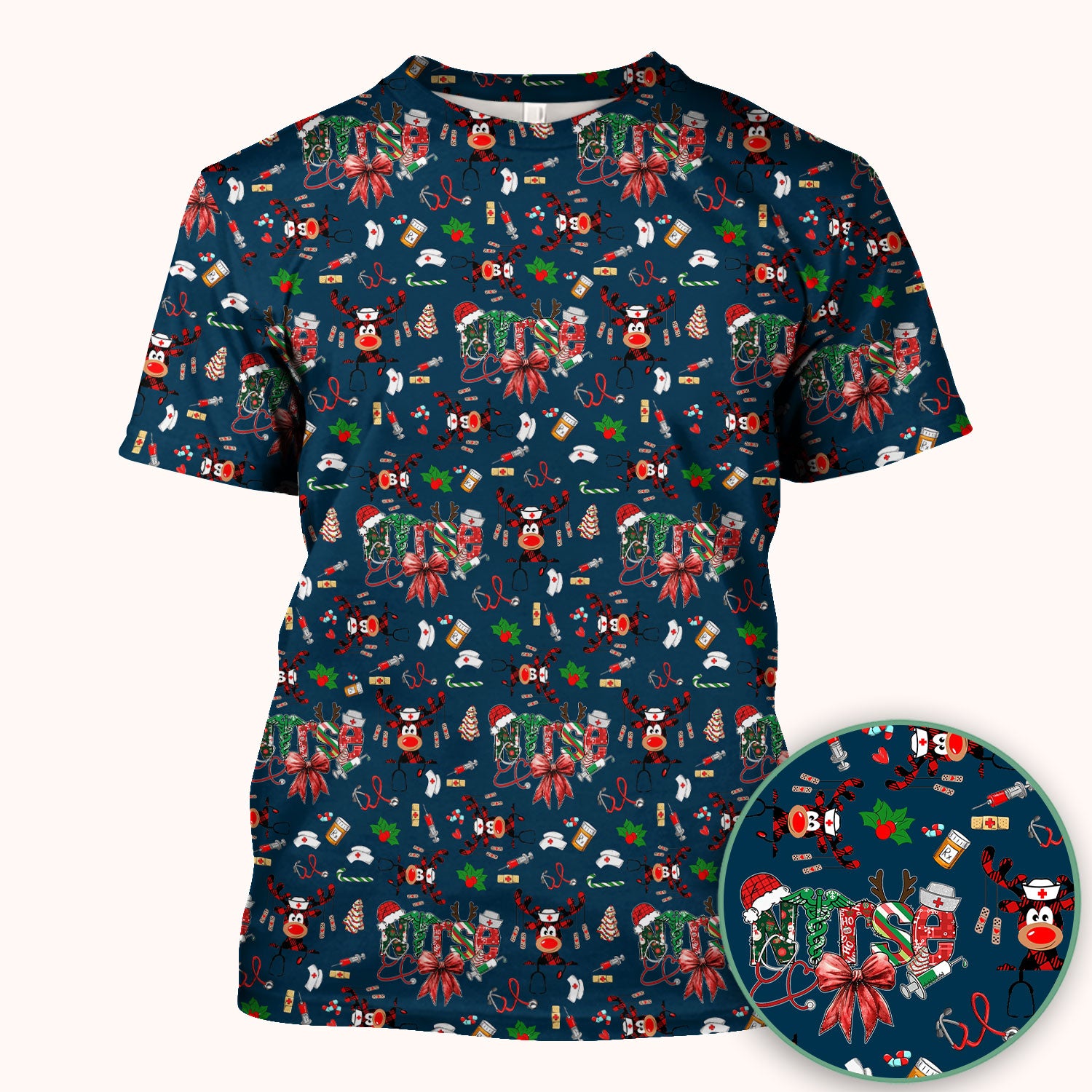 Whimsical Reindeer Christmas Scrub Top – Festive Holiday Reindeer Pattern – Cute Medical Uniform for Nurses, Vets and Healthcare Workers