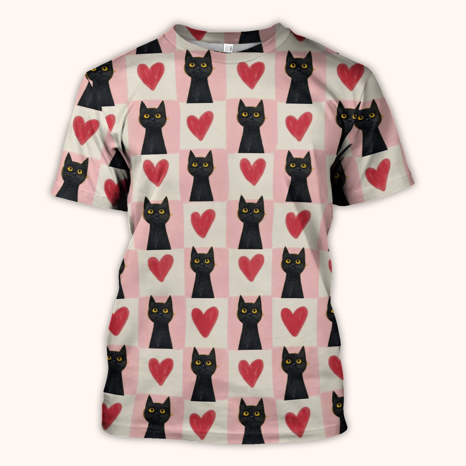 Cute Black Cat Heart Print V Neck Nursing Scrub Top, Comfortable Medical Uniform