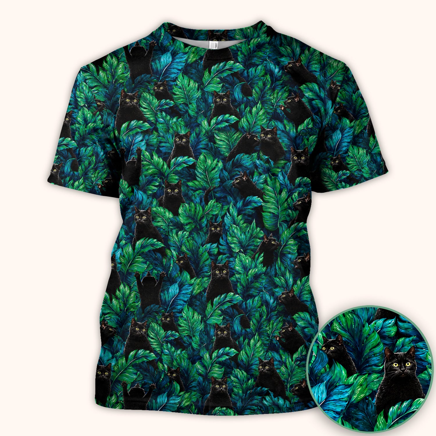 Black Cat Tropical Jungle Leaves Pattern Scrub Top, Comfortable Scrubs for Nurses