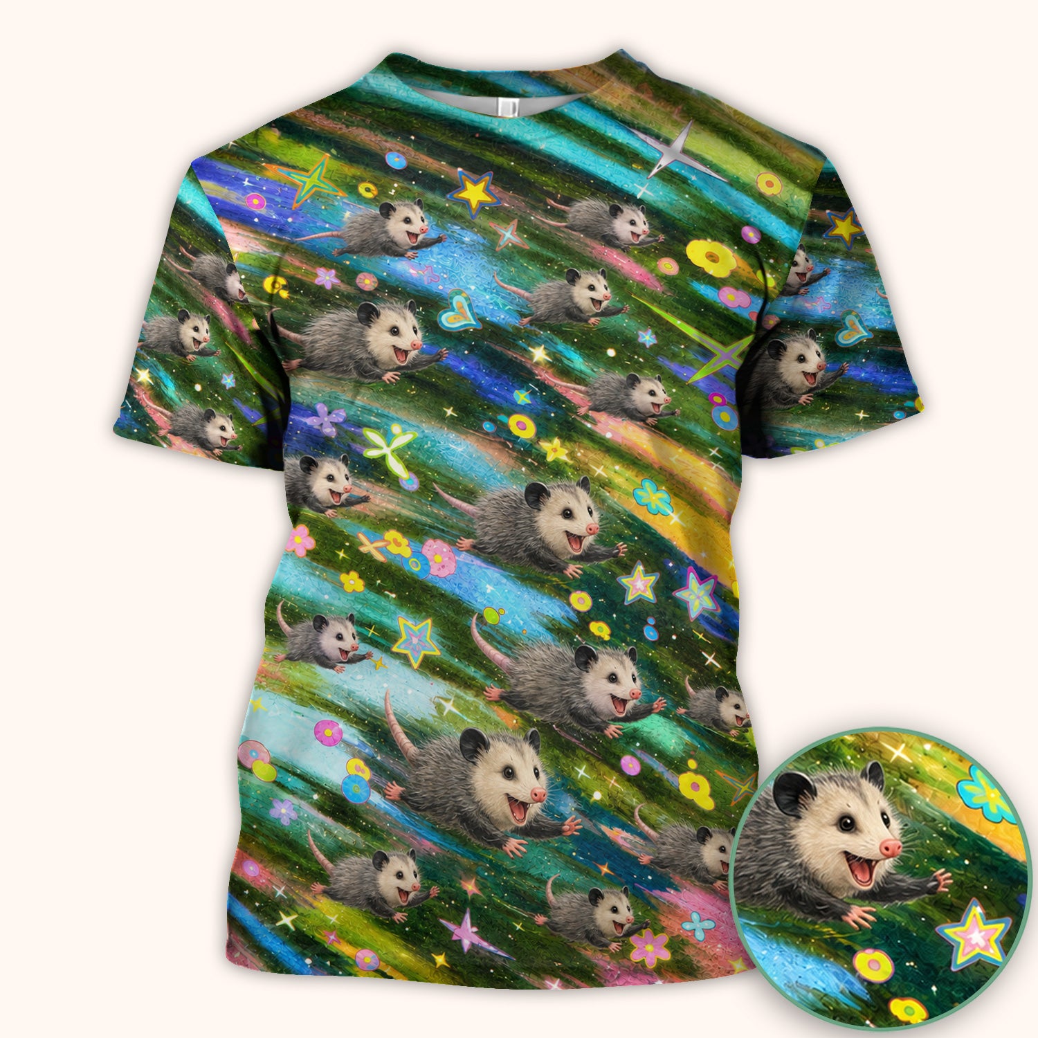 Colorful Opossum Rainbow Stars Print Scrub Top, Comfortable Scrubs for Nurses