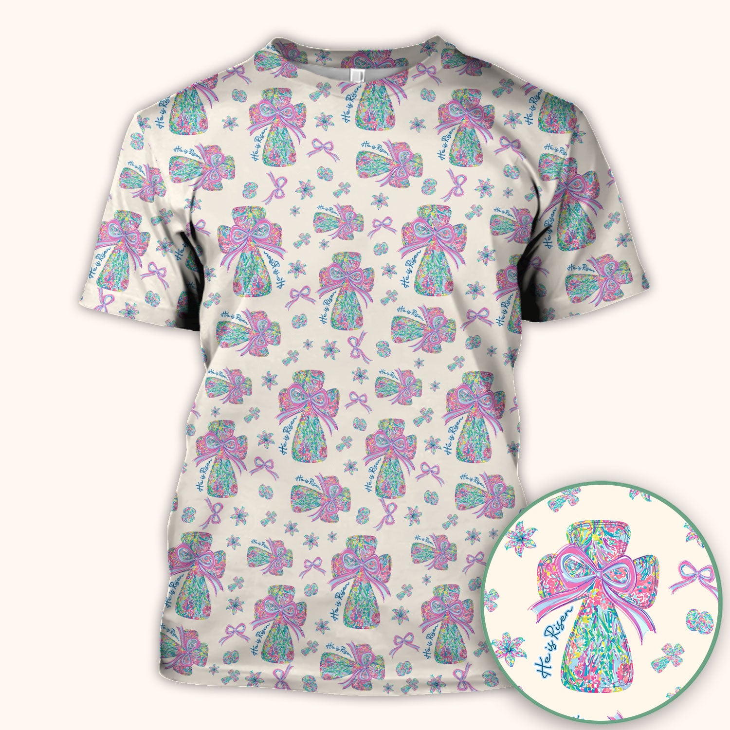Colorful Bow Pattern Scrub Top, Breathable Fabrics Nursing Uniform