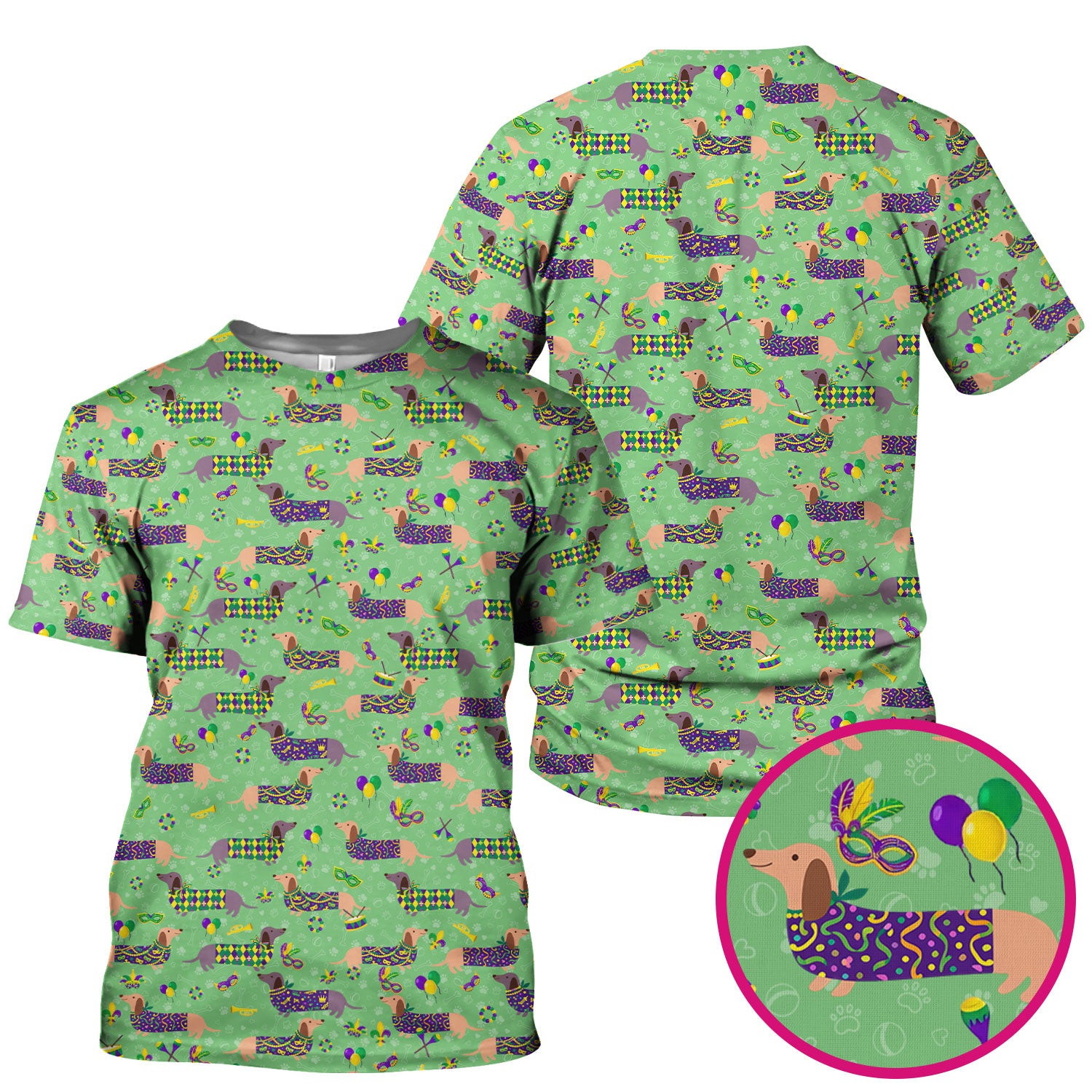 Mardi Gras Dachshund Nurse Scrub Top, Wiener Dog Holiday Pattern Nurses Shirt, Comfortable Uniform Scrubs For Nursing