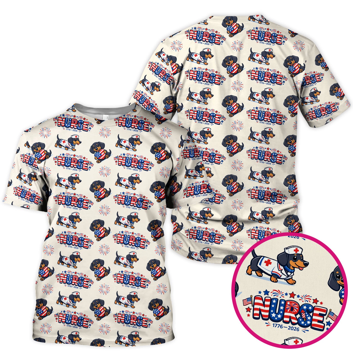 Proud Nurse Patriotic Dachshund Medical Firework Pattern Scrub Top, Comfortable Scrubs for Nurses