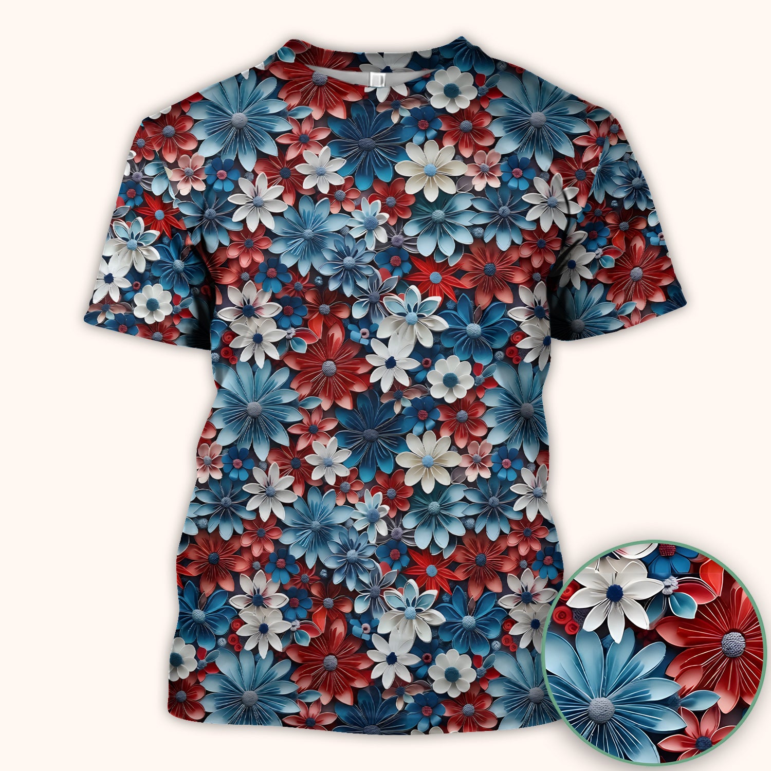 Patriotic 3D Floral Nurse for RN & CNA, Red Blue White Healthcare Workers Uniform Scrub Top, Comfortable Scrubs for Nurses