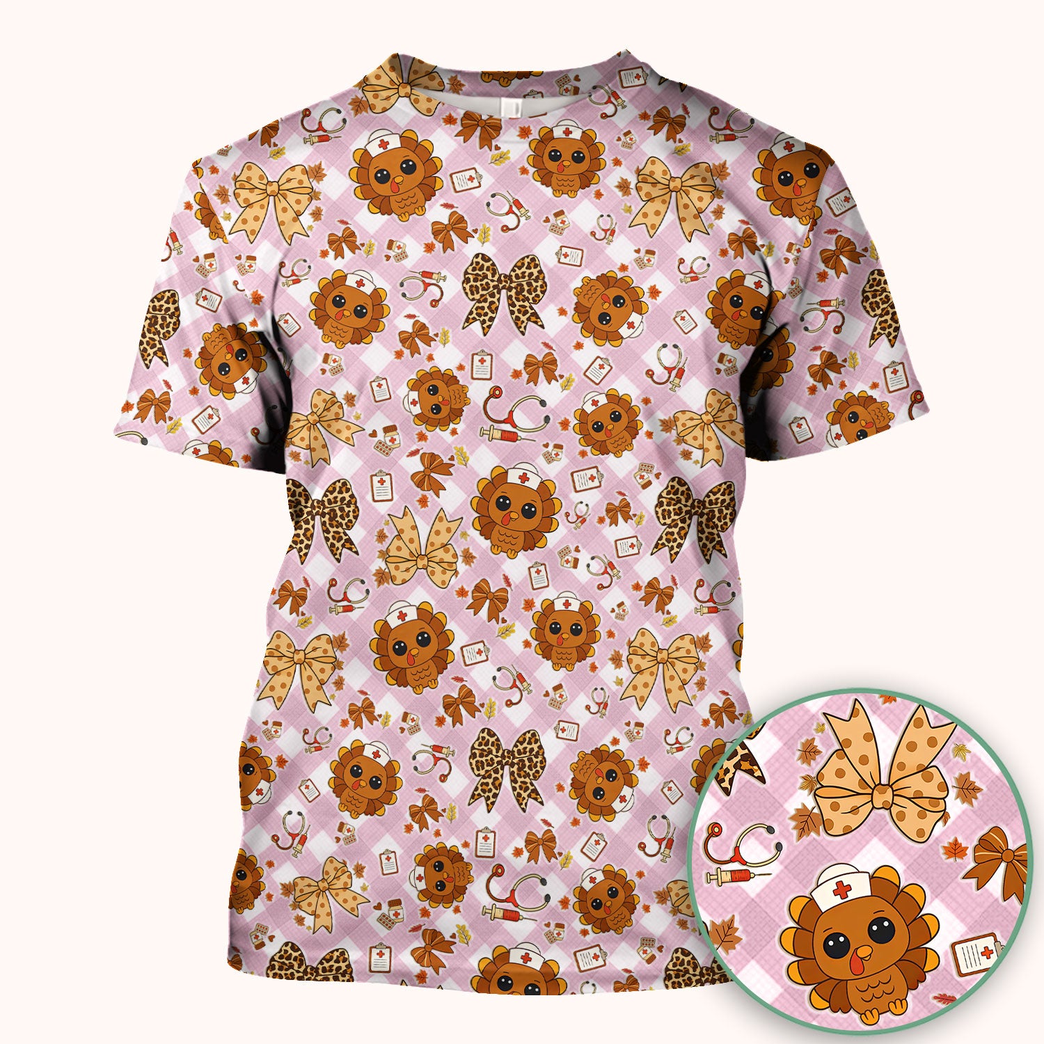Thanksgiving Turkey Scrub Top for Nurses - Cute Fall Leaves and Bow Shirt - Funny Autumn Nursing Gift for Women RN LPN CNA