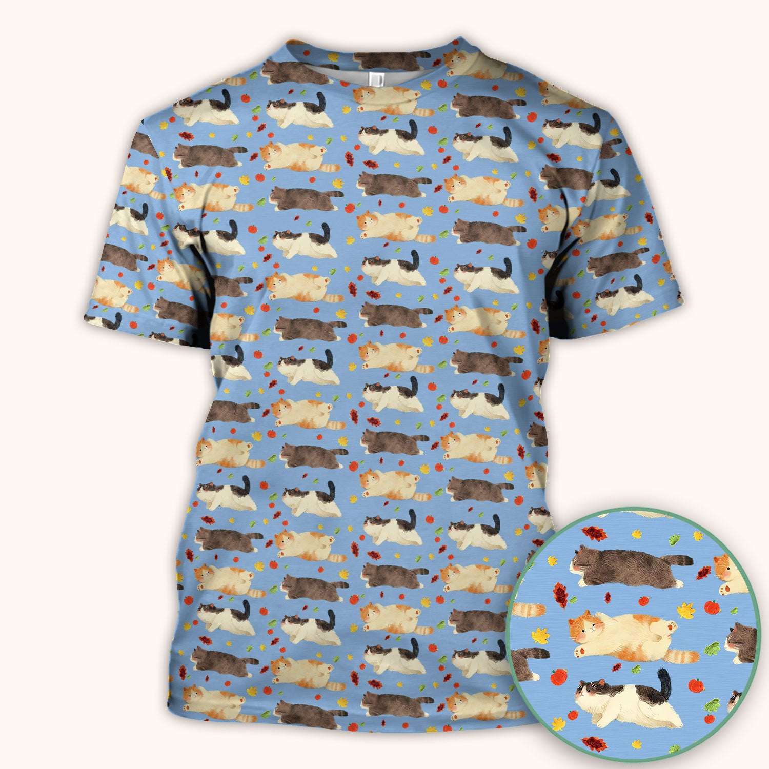 Chubby Cat Autumn Leaves Print Scrub Top, Breathable Fabrics Nursing Uniform