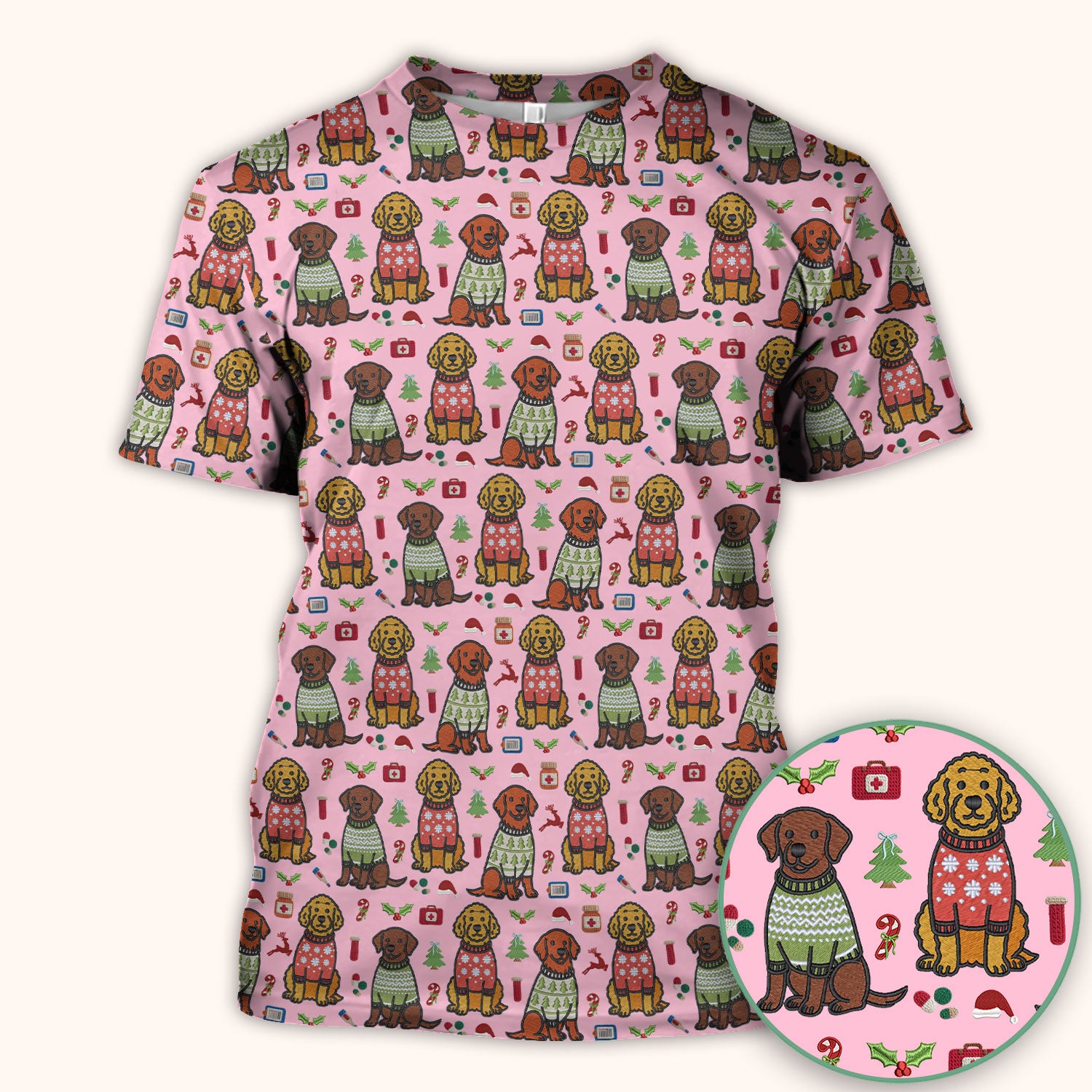 Golden Retriever Christmas Scrub Top, Cute Holiday Dog Nurse Pattern Shirt, Breathable Fabrics Nursing Uniform