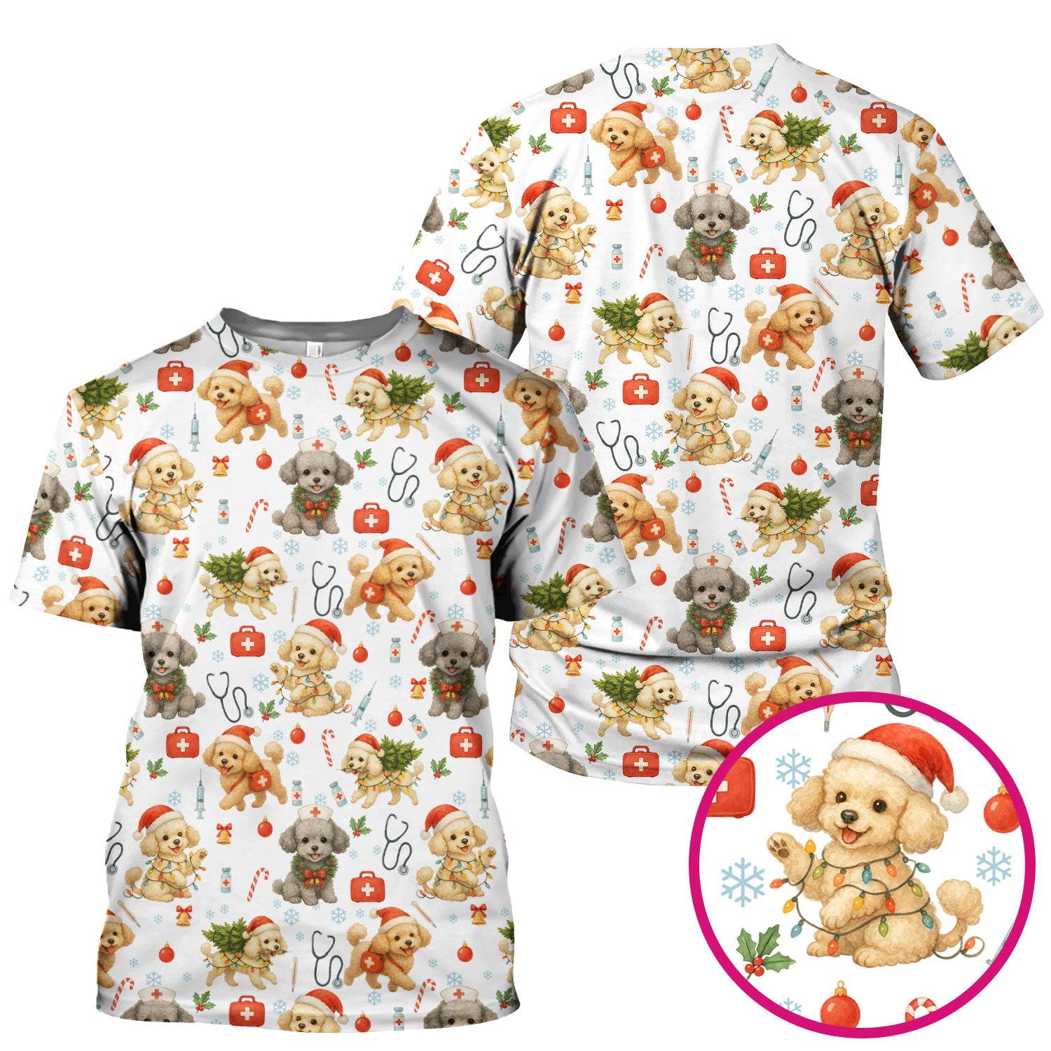 Cute Christmas Dog Scrub Top - Puppy Nurse Shirt Santa Hat Print - Holiday Medical Scrubs Gift for Women CNA RN Doctor