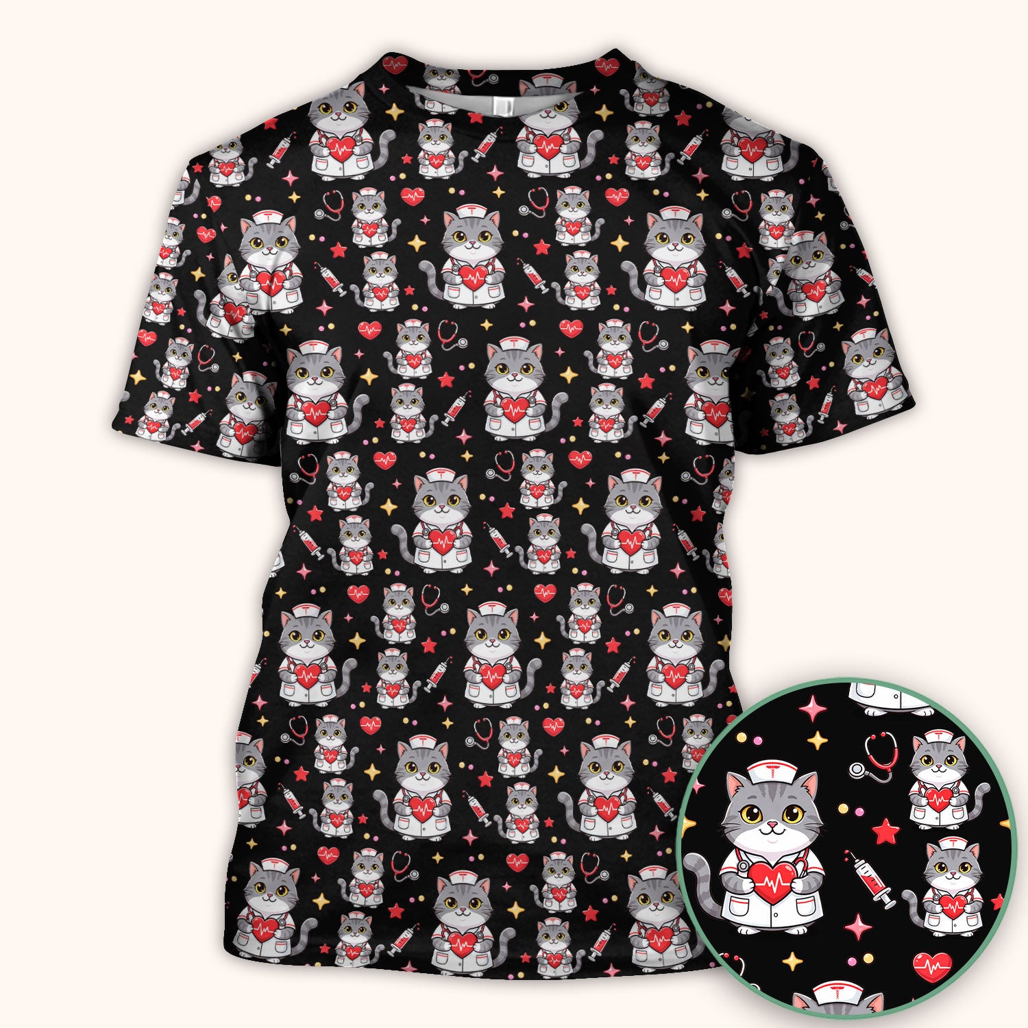 Cute Nurse Cat Heart Medical Print Scrub Top, Comfortable Scrubs for Nurses