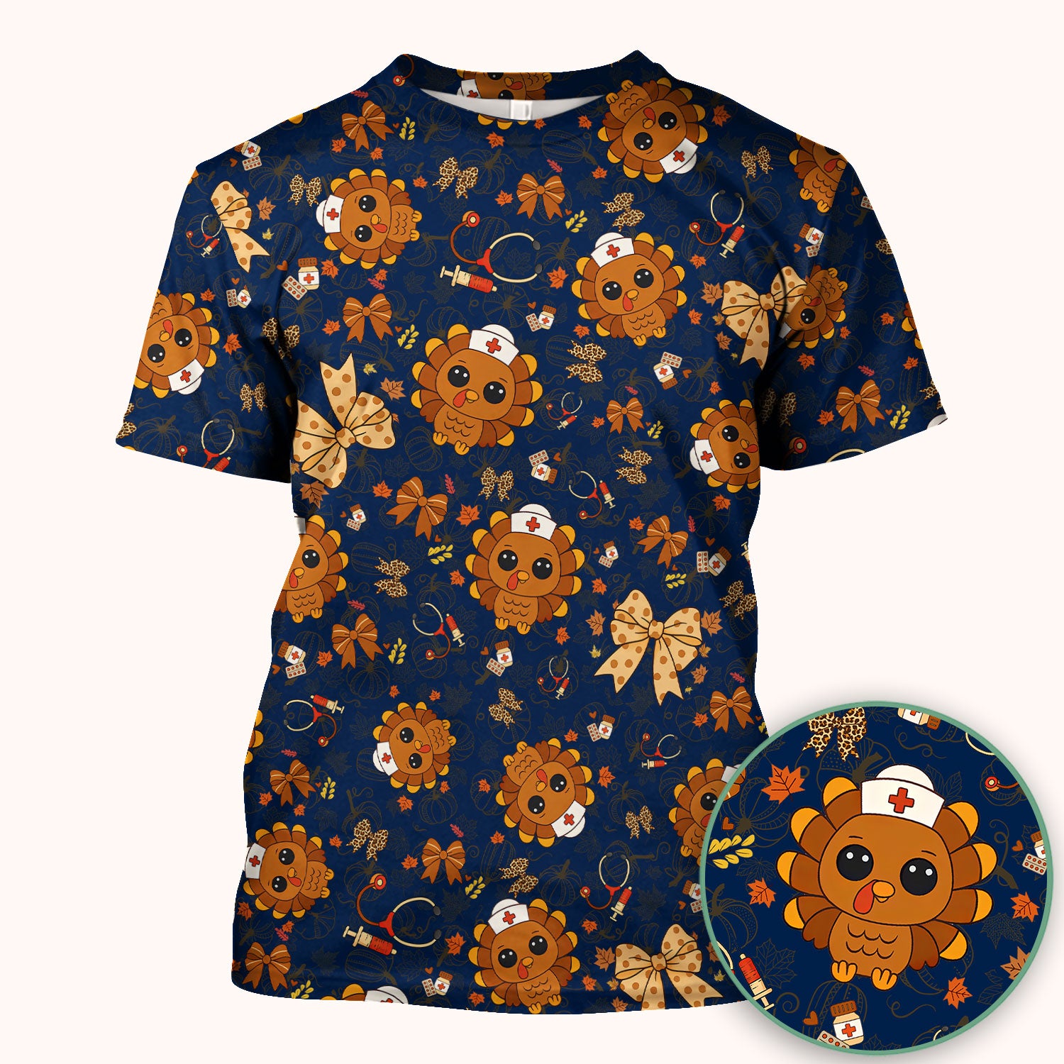 Thanksgiving Turkey Nurse Scrub Top for Women - Cute Fall Leaves and Bow Shirt - Autumn Medical Shirt Gift for RN CNA LPN Doctor