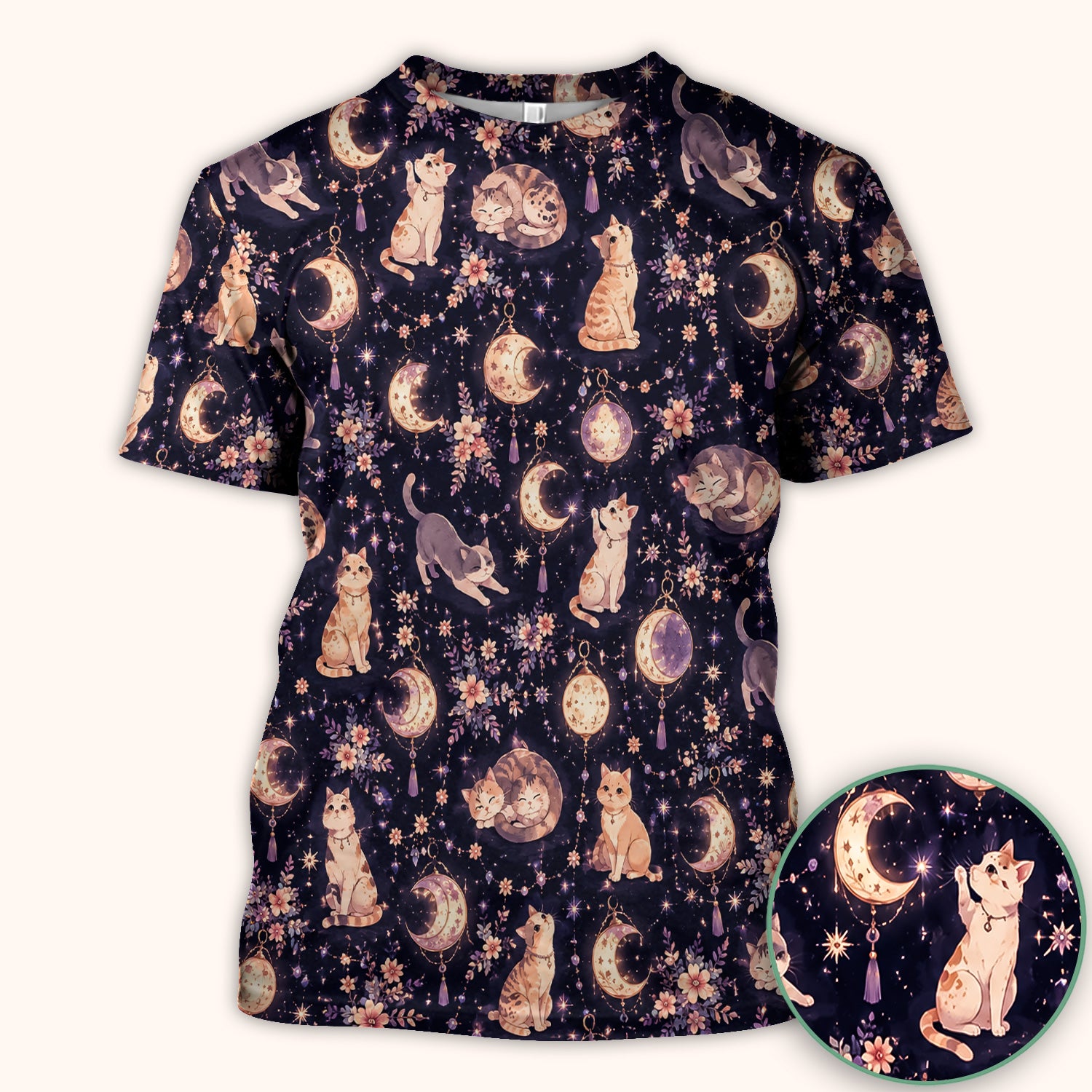 Celestial Cat Pattern Scrub Top, Comfortable Scrubs for Nurses