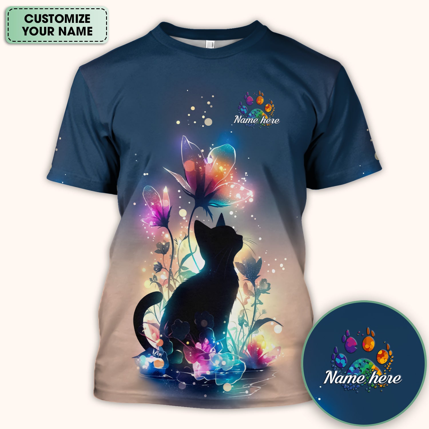 Custom Name Cat Floral Glow Pattern Scrub Top, Breathable Fabrics Nursing Uniform