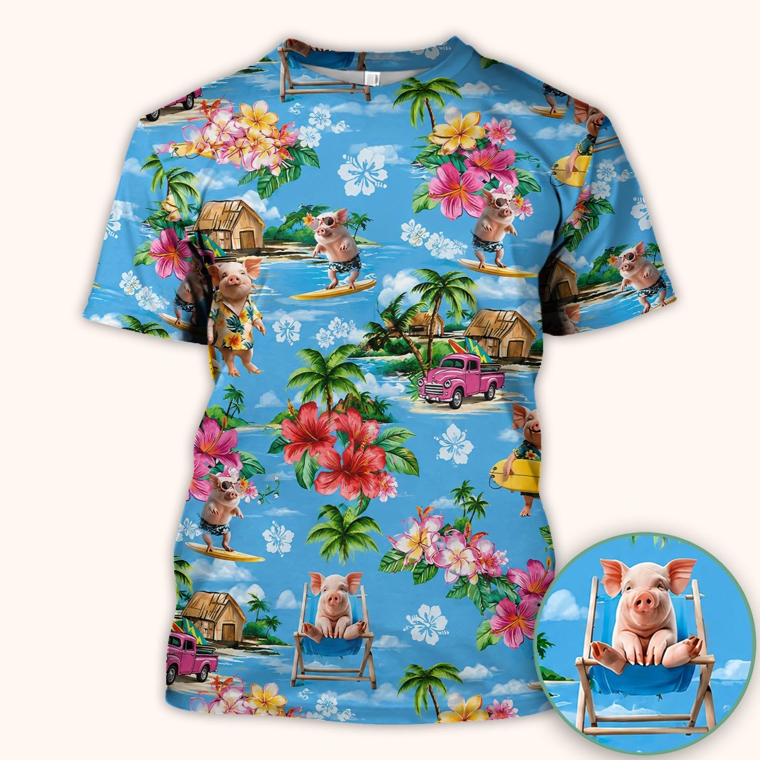 Tropical Surfing Pig Beach Pattern Scrub Top, Comfortable Scrubs for Nurses