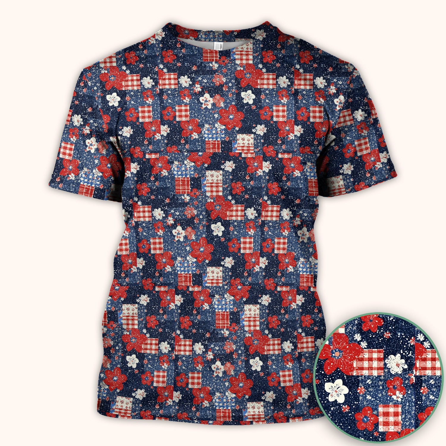 Patriotic Gingham Floral Patchwork Pattern Scrub Top, Comfortable Scrubs for Nurses