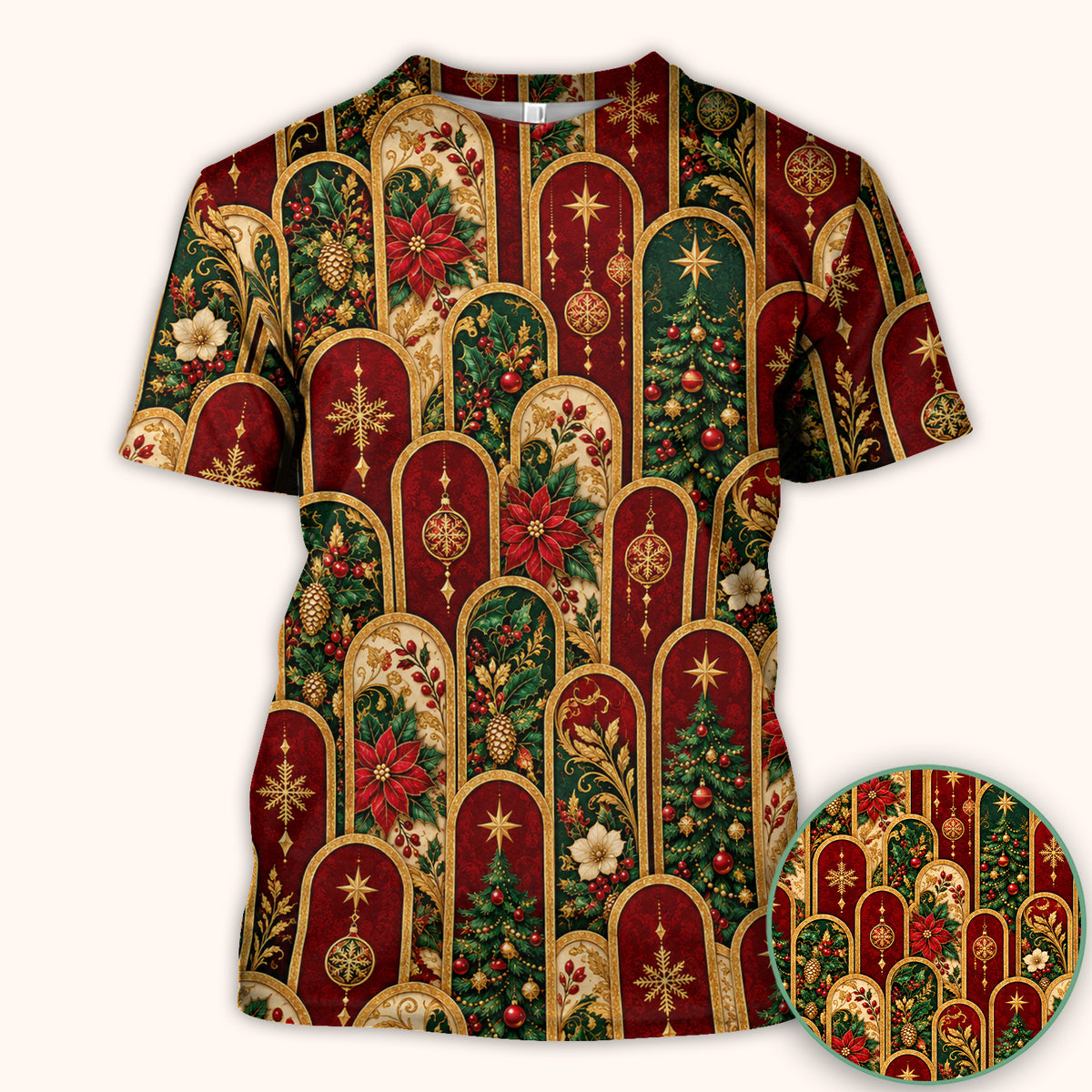 Elegant Christmas Poinsettia Gold Arch Pattern Scrub Top, Comfortable Scrubs for Nurses