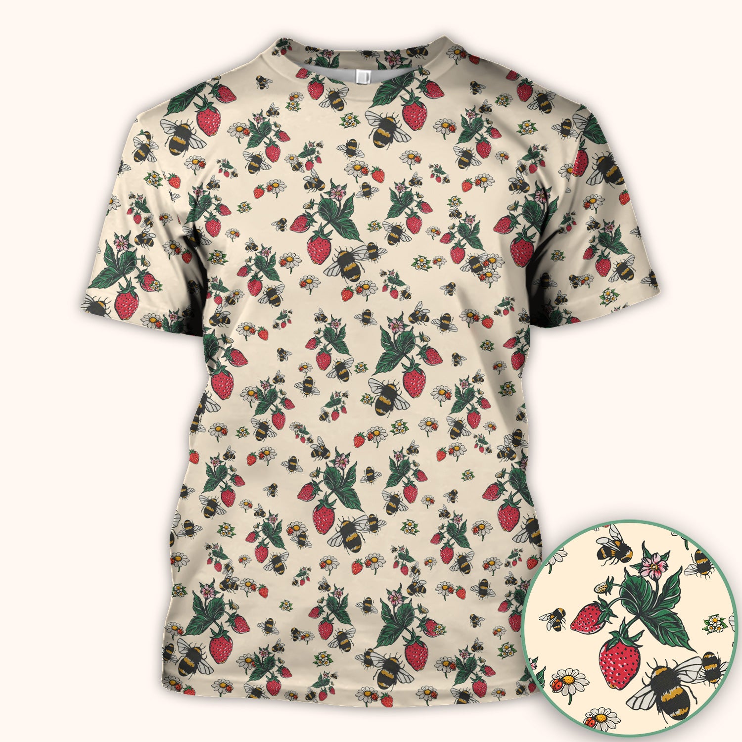 Cute Strawberry Bee Daisy Floral Pattern Scrub Top, Comfortable Scrubs for Nurses