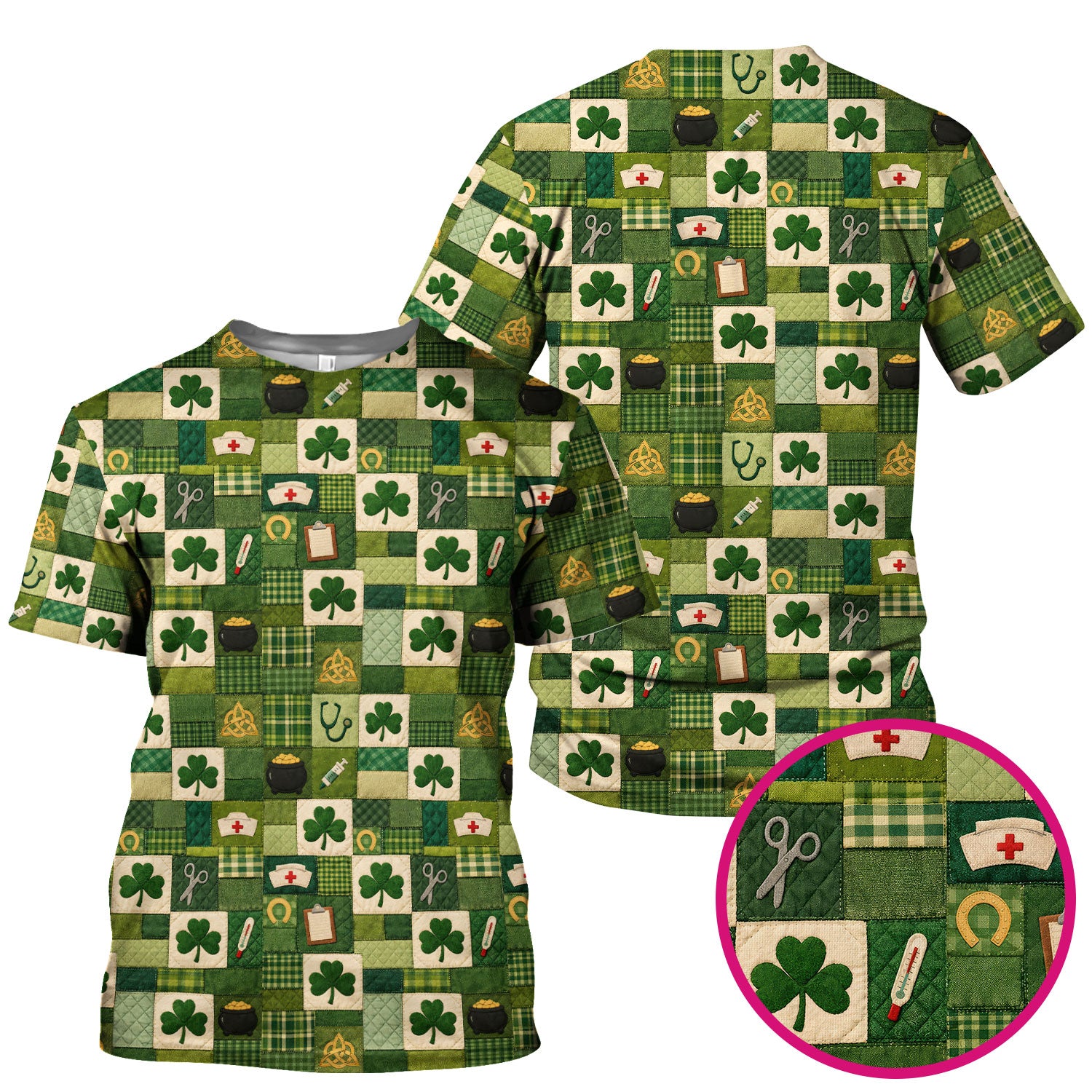 St Patrick Medical Patchwork Shamrock Scrub Top, Comfortable Scrubs for Nurses