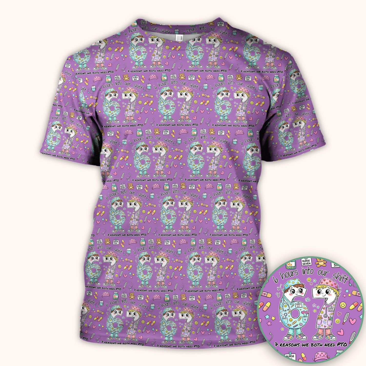 Cartoon Characters Six Hours Into Shift With Medical Doodle Scrub Top, Breathable Fabrics Nursing Uniform