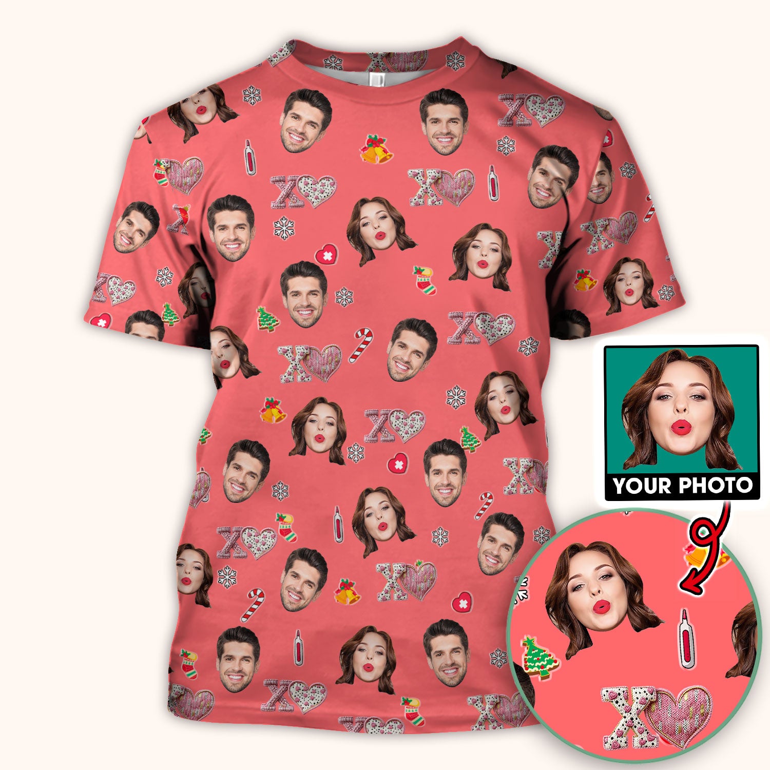 Custom Face Pattern XOXO Scrub Shirt, Personalized Photo Scrub Top, Breathable Fabrics Nursing Uniform