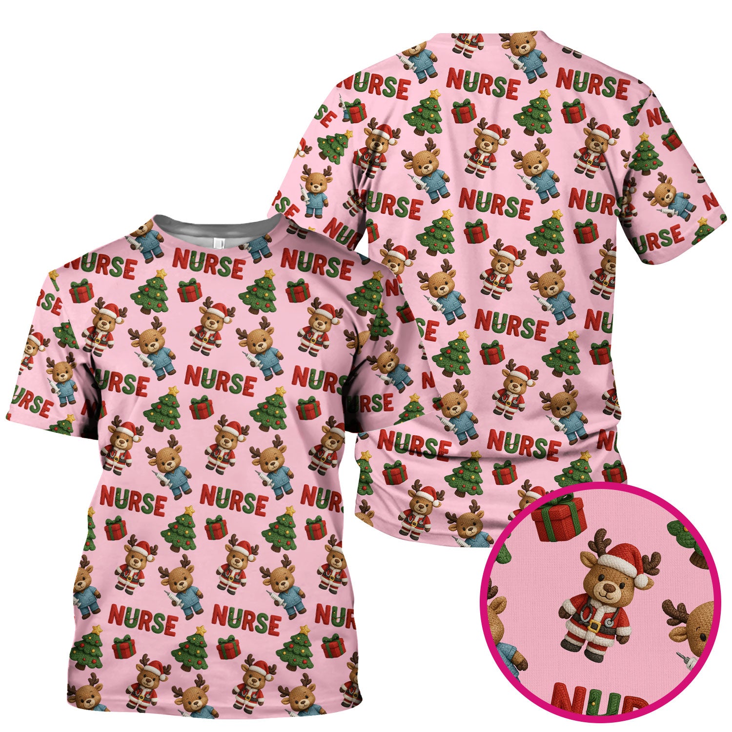 Reindeer Christmas Scrub Top, Cute Holiday Nurse Scrub Shirt, Festive Pattern Nursing Uniform