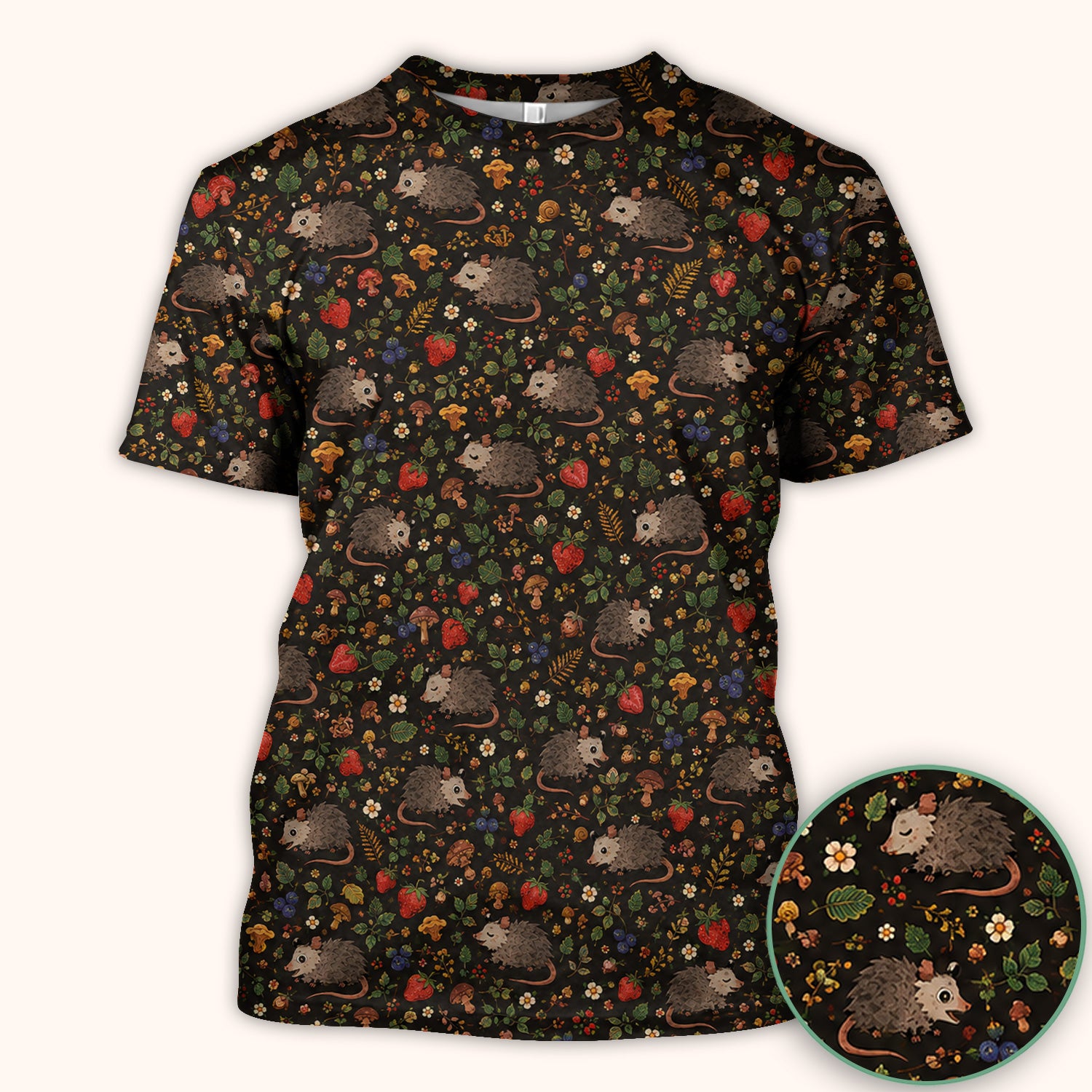 Woodland Opossum Berry Mushroom Pattern Scrub Top, Comfortable Scrubs for Nurses