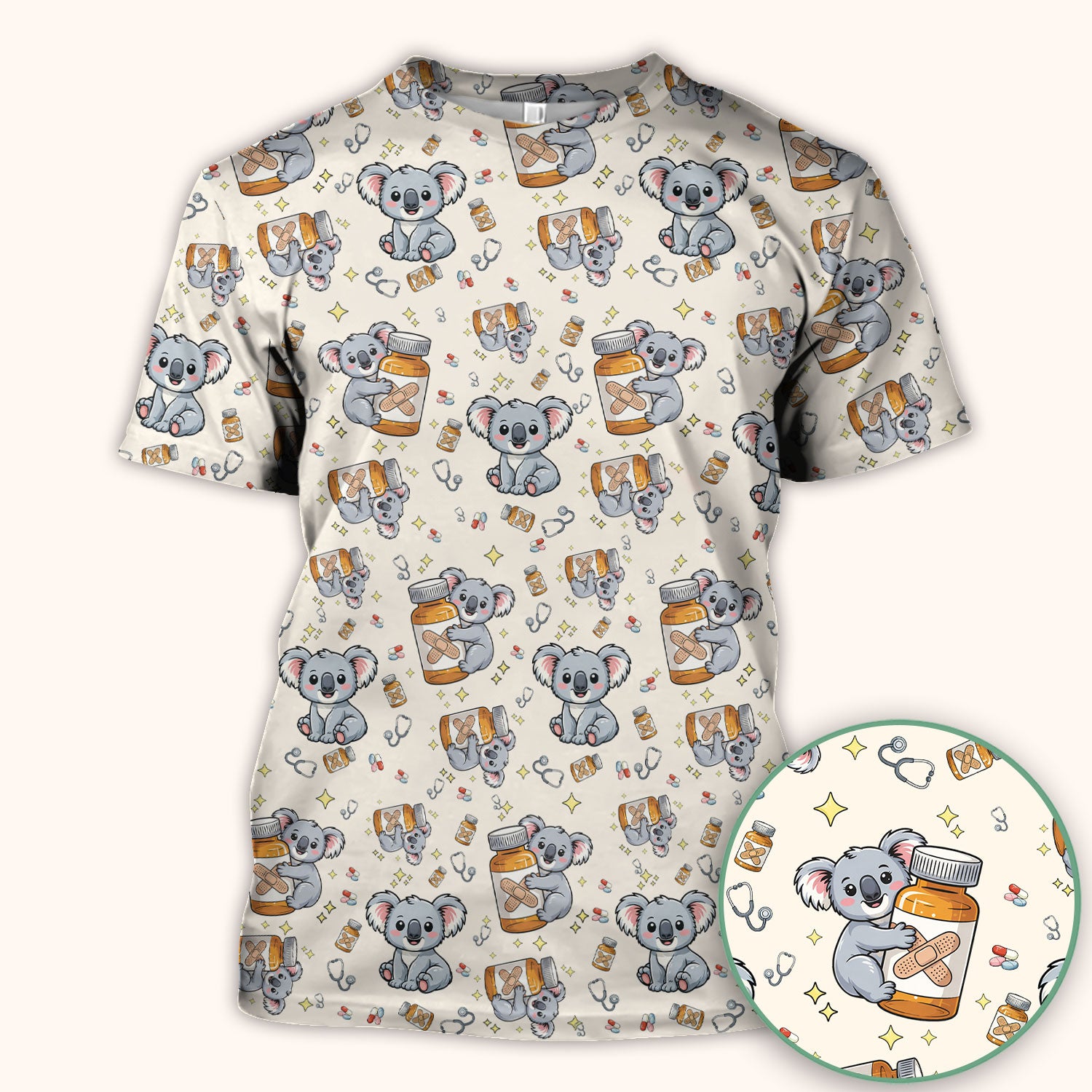 Cute Koala Nurse Bandage Medicine Print Scrub Top, Comfortable Scrubs for Nurses