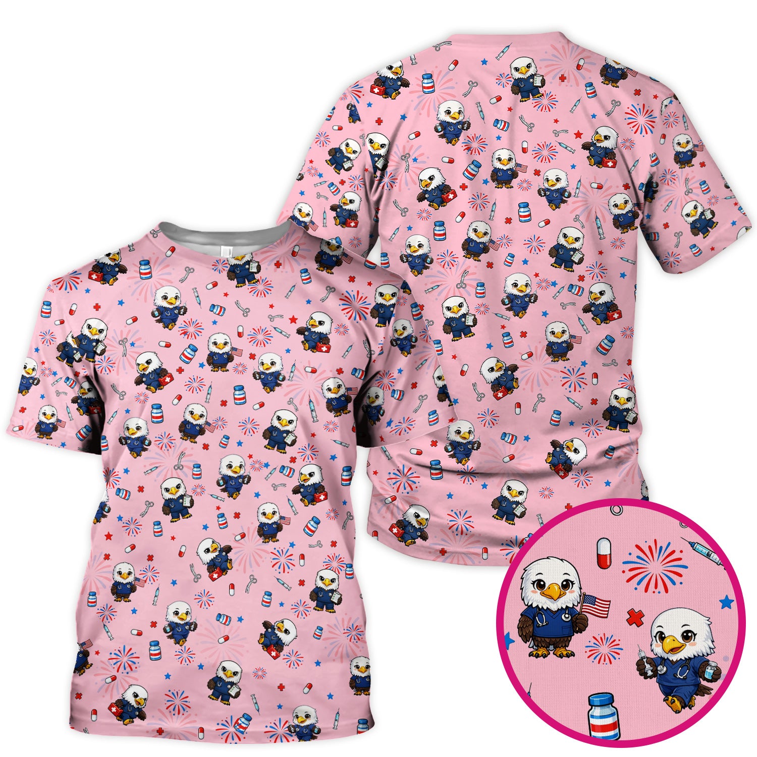 Patriotic Nurse Eagle Fireworks Medical Pattern Scrub Top, Breathable Fabrics Nursing Uniform