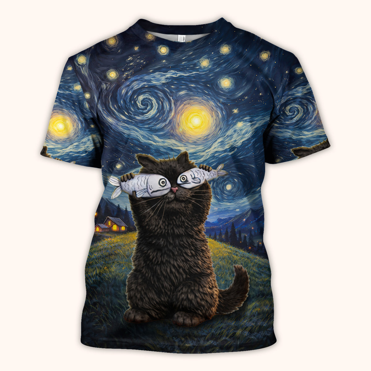 „Starry Night“-Katzen-Print V-Ausschnitt-Kasack, für katzenliebende Pflegekräfte