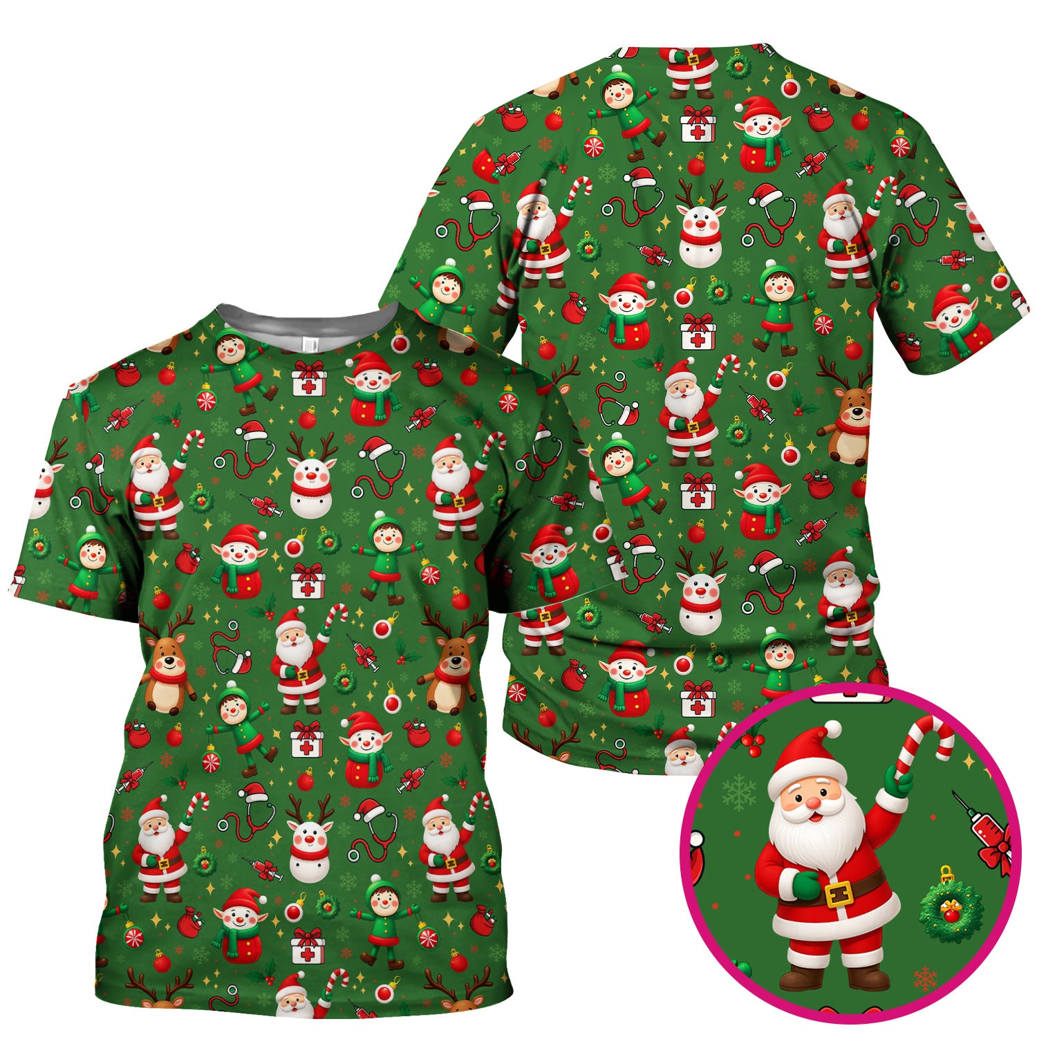 Santa Christmas Scrub Top - Cute Holiday Nurse Medical Shirt - Festive Reindeer Med Uniform for Women RN CNA LPN
