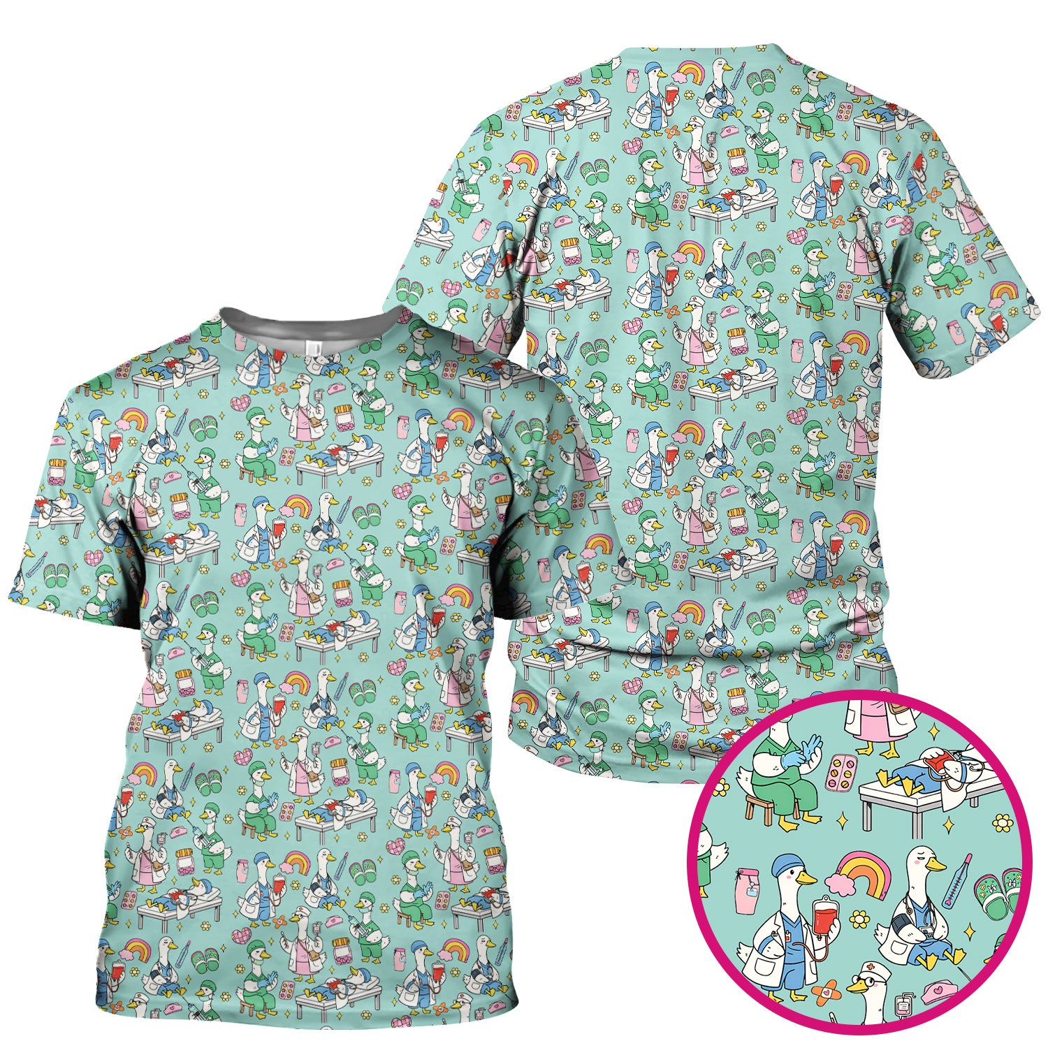 Funny Nurse Duck Medical Doodle Pattern Scrub Top, Comfortable Nurse Workwear Top