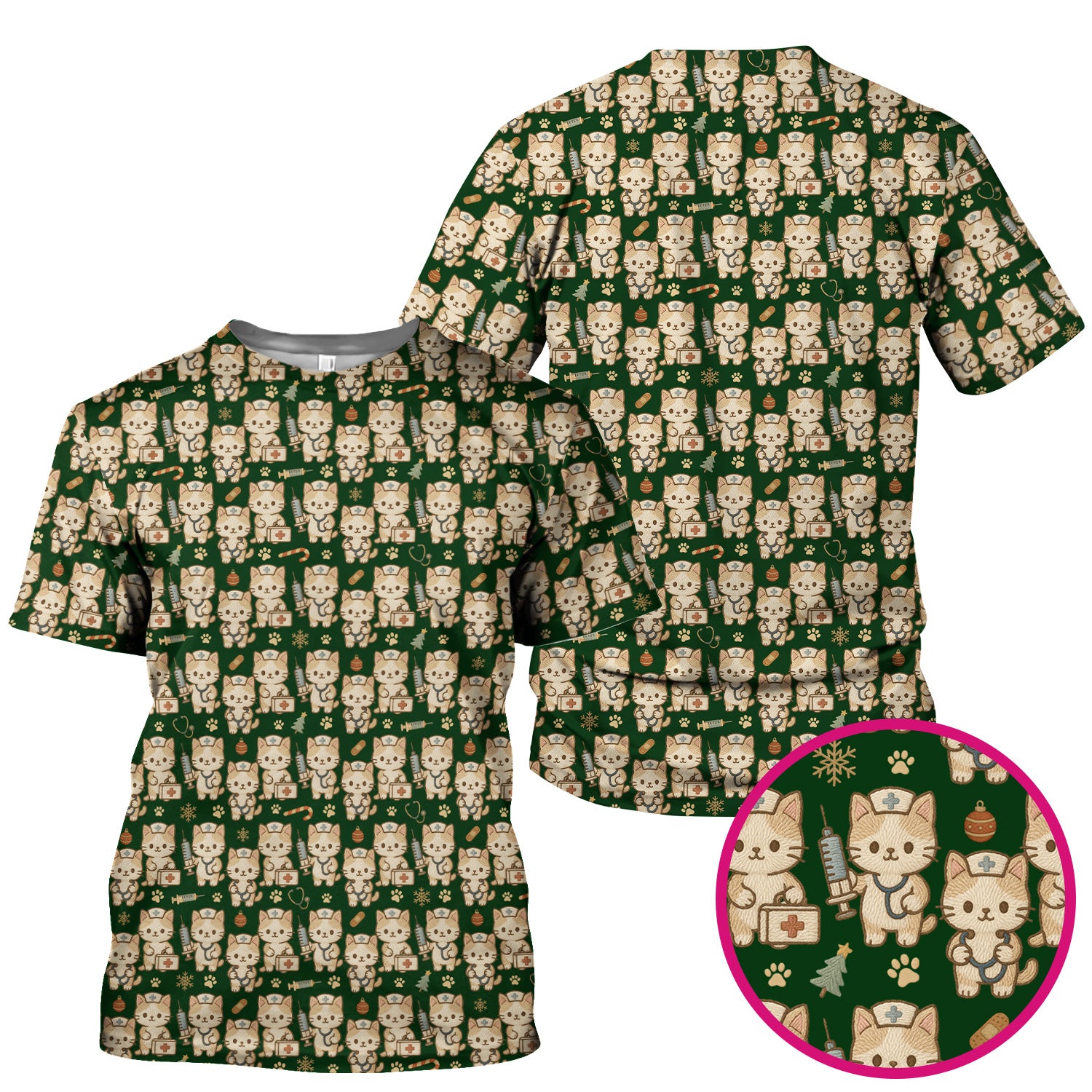Cute Cat Nurse Christmas Scrub Top, Kawaii Kitty Medical Pattern Shirt, Breathable Fabrics Nursing Uniform