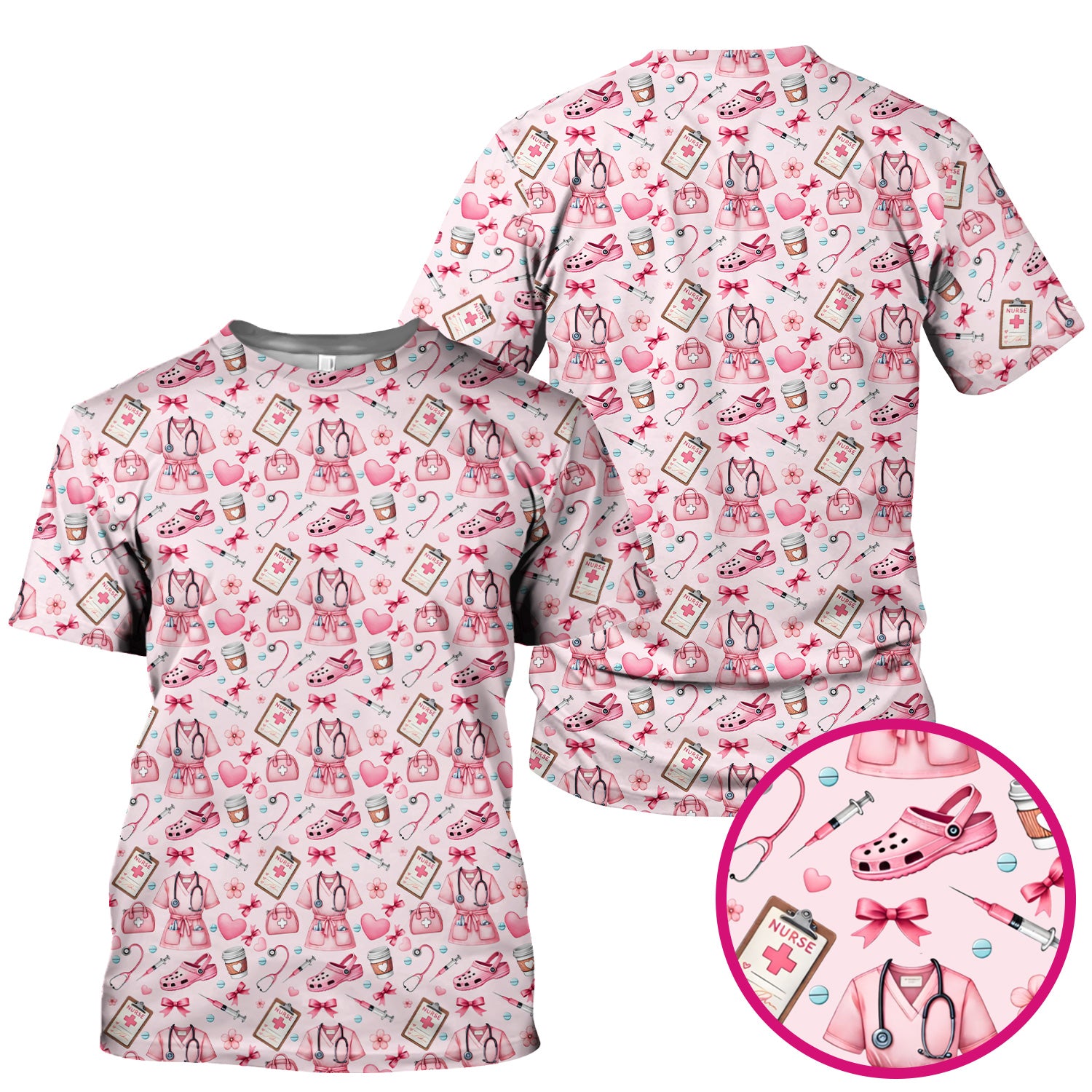 Valentine Pink Nurse Icons Print Scrub Top, Comfortable Scrubs for Nurses