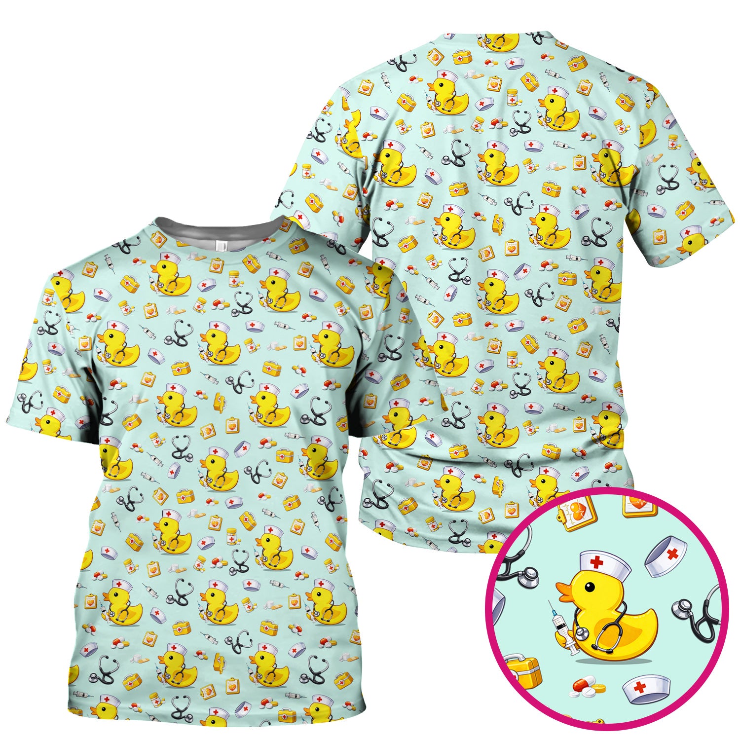 Playful Medical Duck Print Nurse Scrub Top, Comfortable Scrubs for Nurses